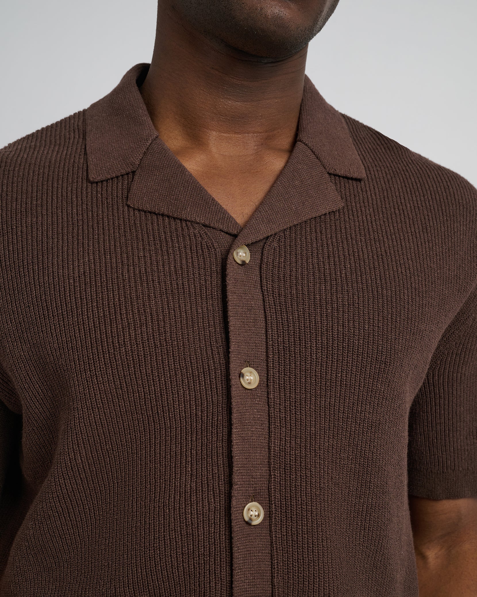 Mens | Cotton Linen Knit Camp Shirt | Chestnut - Image 2
