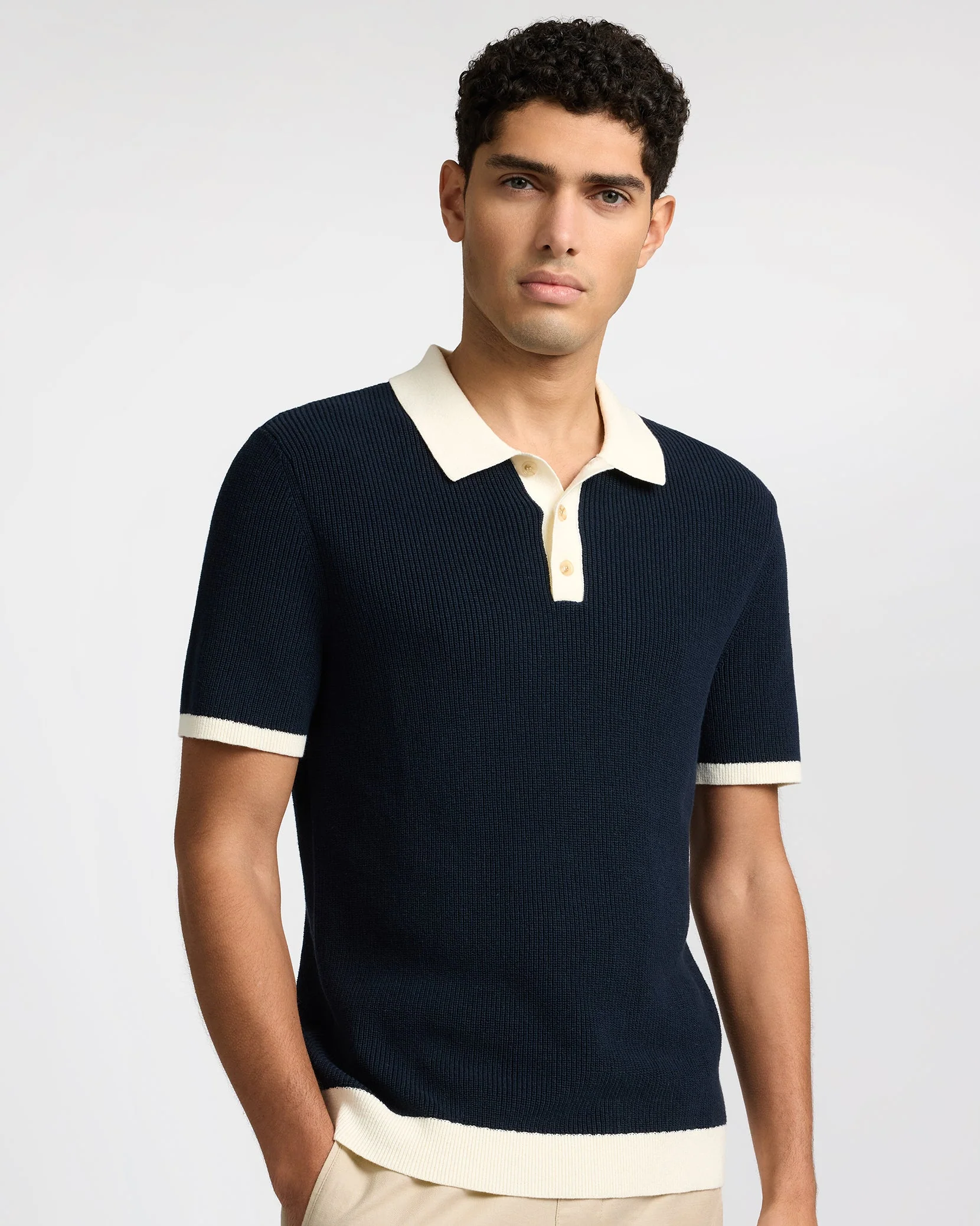 Mens | Cotton Linen Knit Polo | Midnight/Egret - Image 2