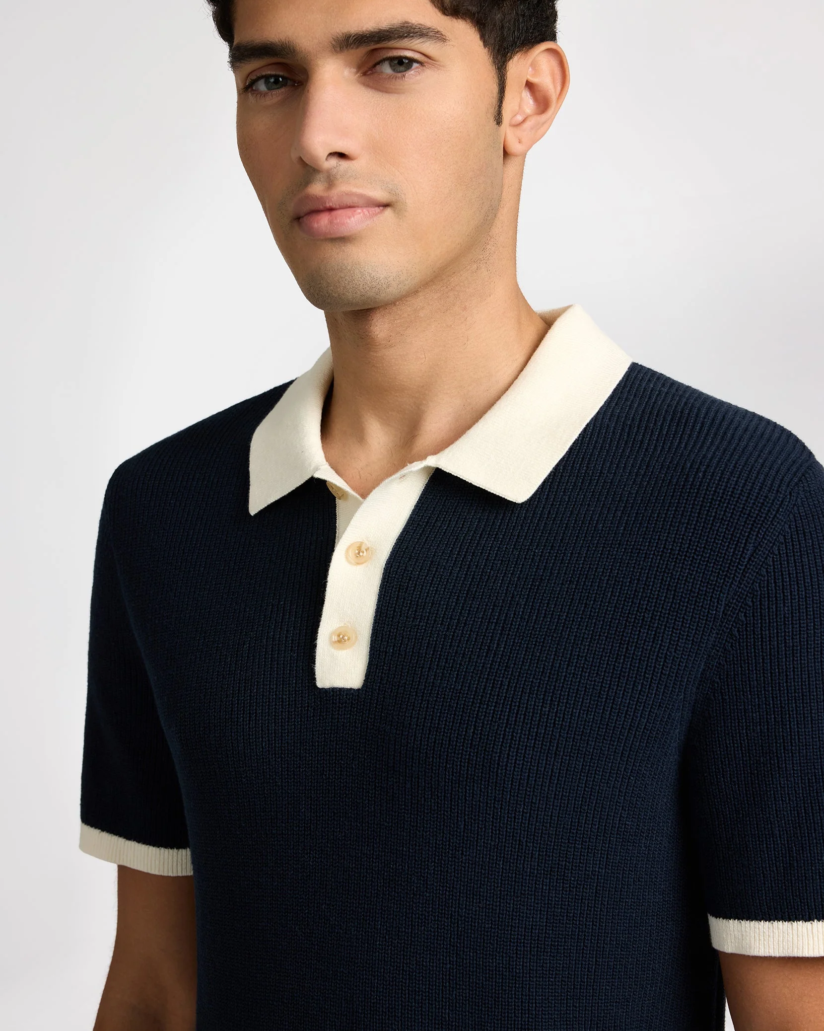 Mens | Cotton Linen Knit Polo | Midnight/Egret - Image 3