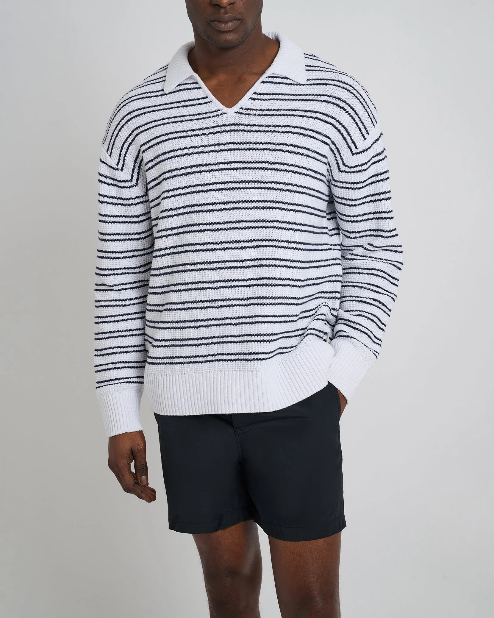 Mens | Cotton Linen Textured Long Sleeve Polo | White/Deep Navy - Image 3