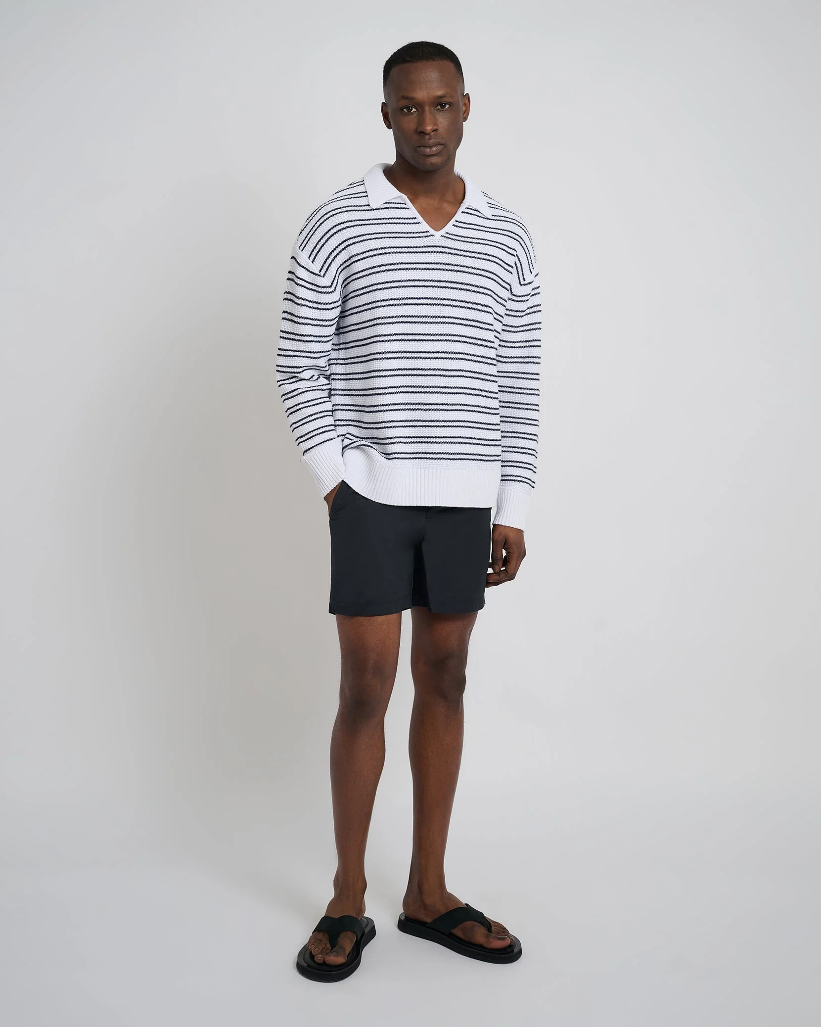 Mens | Cotton Linen Textured Long Sleeve Polo | White/Deep Navy - Image 4