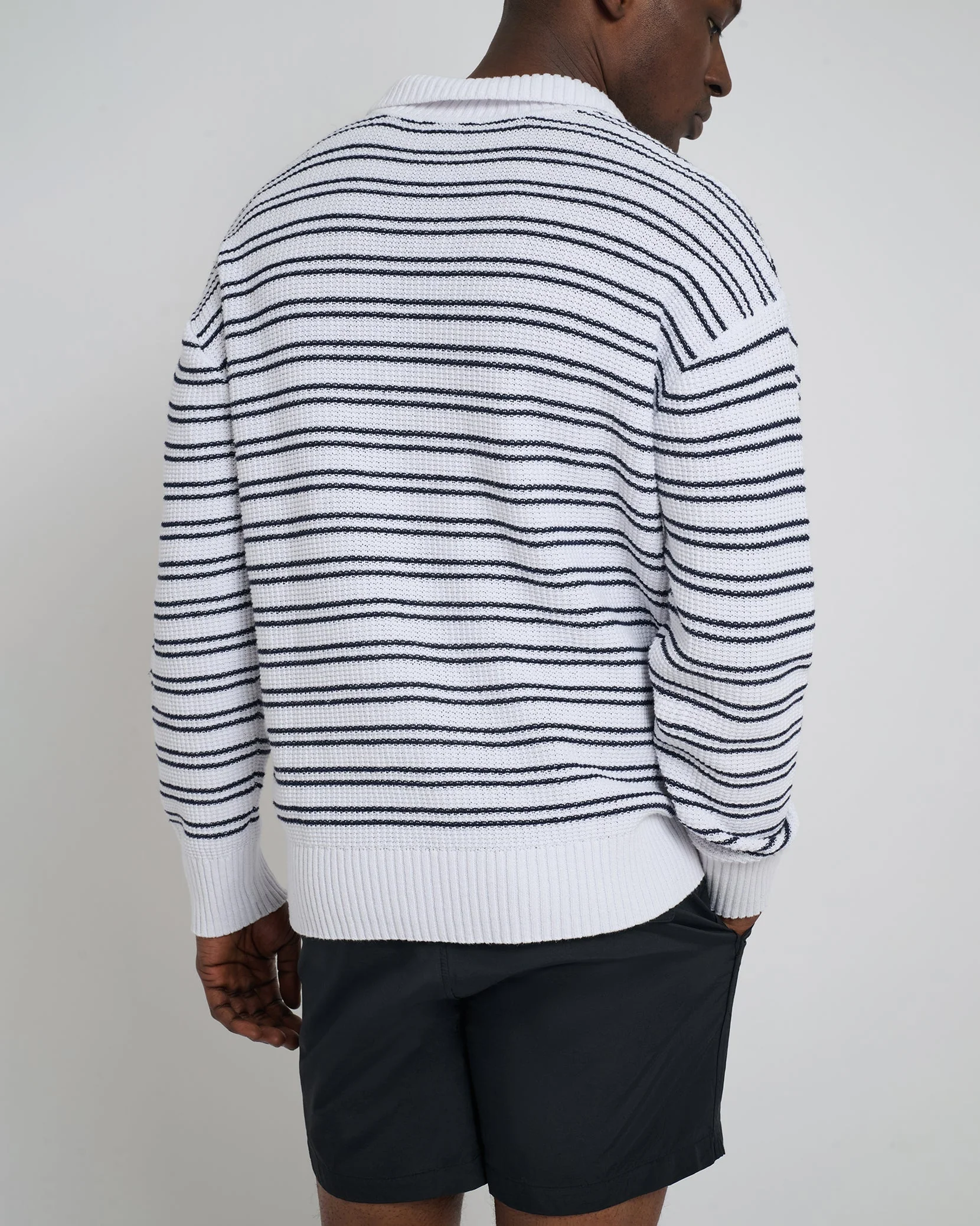 Mens | Cotton Linen Textured Long Sleeve Polo | White/Deep Navy - Image 5