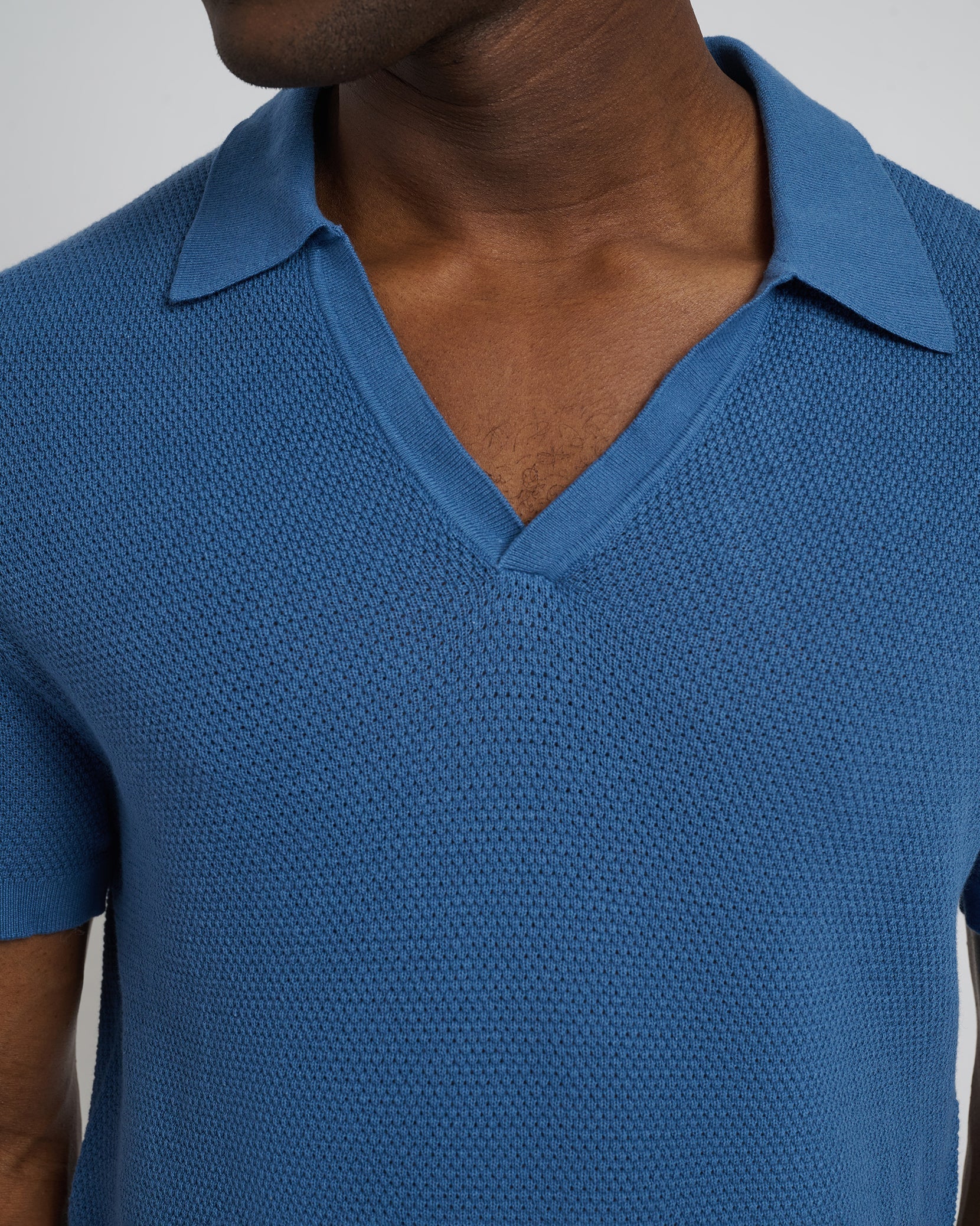 Mens | Cotton Textured Johnny Collar Polo | Vintage Indigo - Image 2