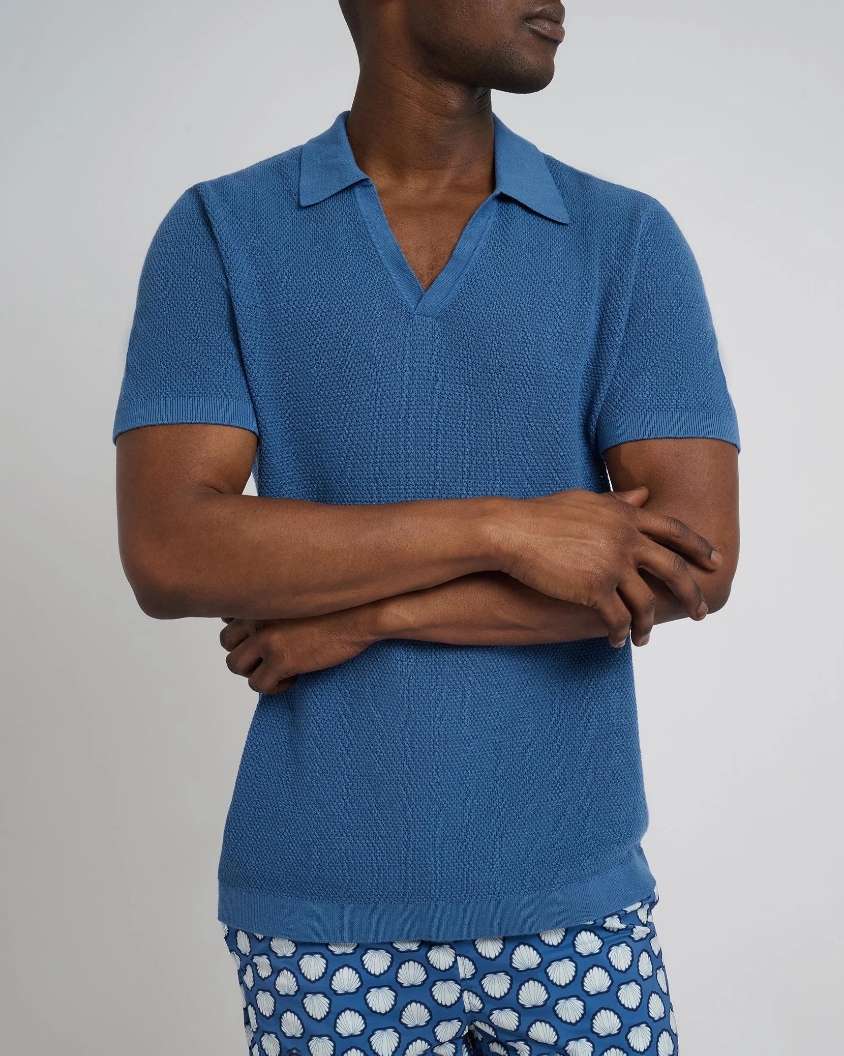 Mens | Cotton Textured Johnny Collar Polo | Vintage Indigo - Image 3