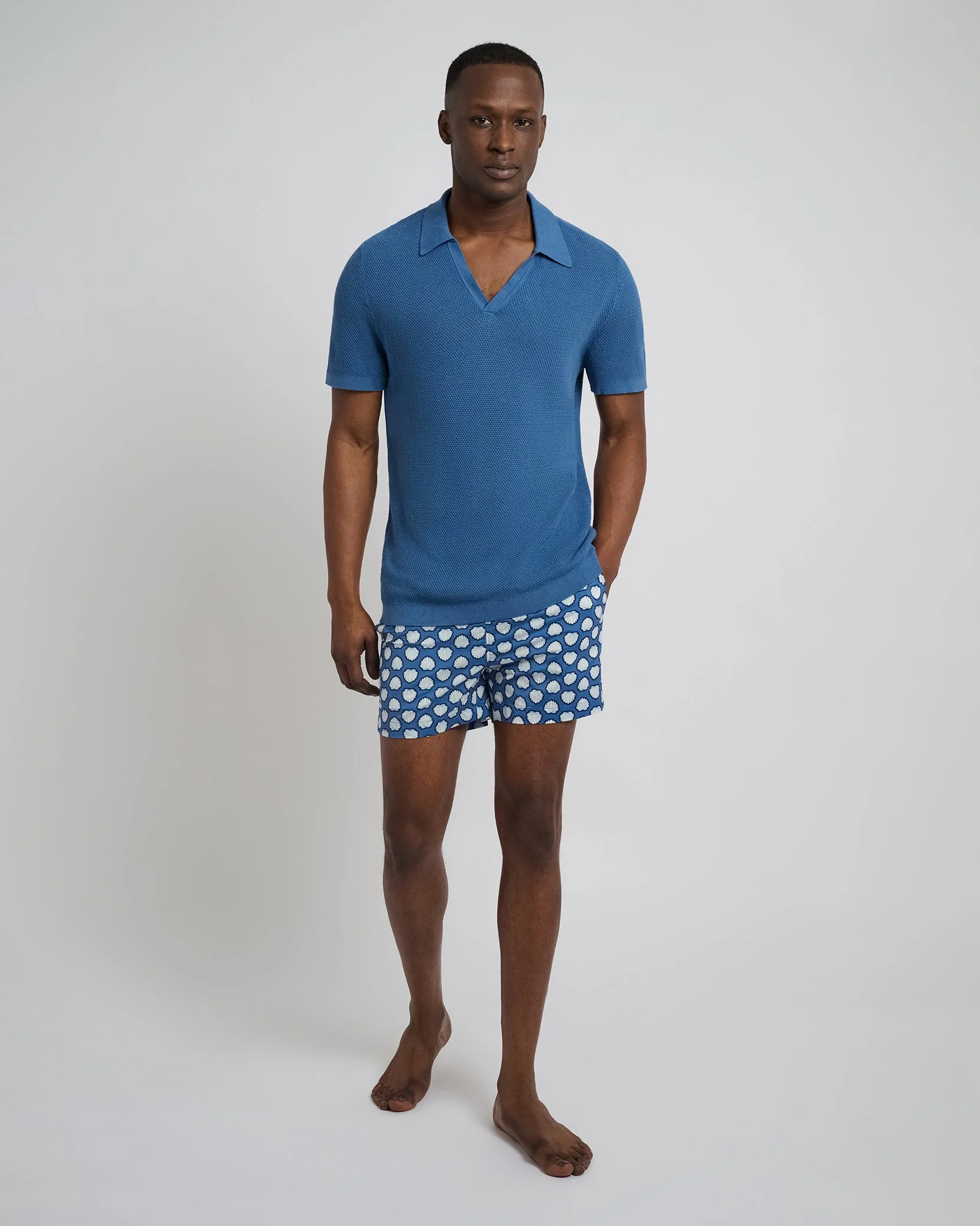 Mens | Cotton Textured Johnny Collar Polo | Vintage Indigo - Image 4