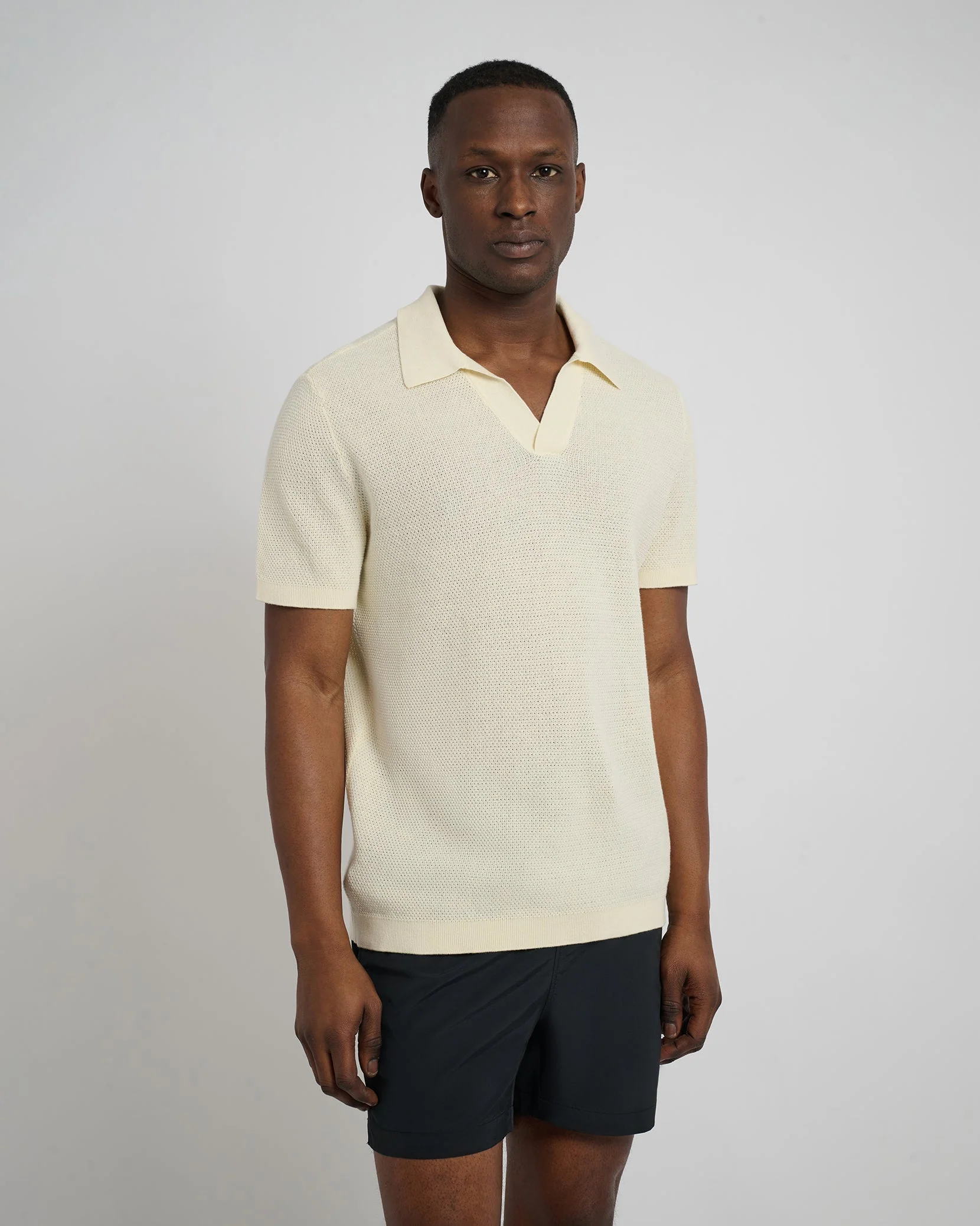 Mens | Cotton Textured Johnny Collar Polo | Light Yellow - Image 2