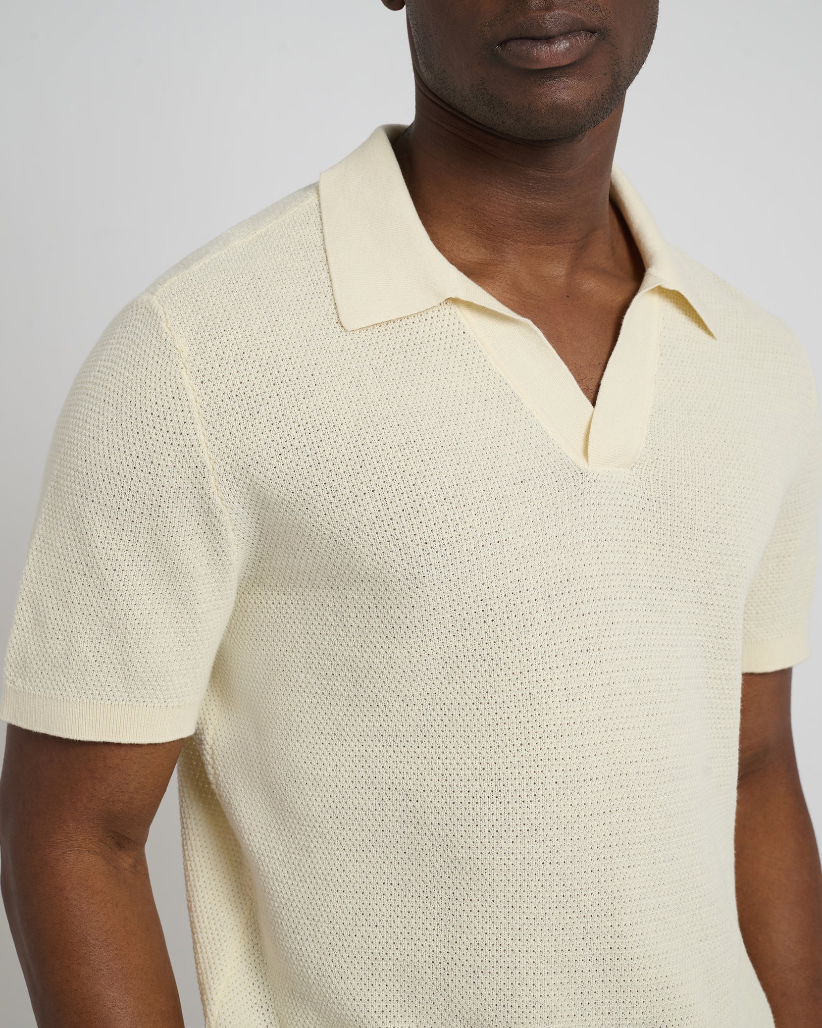 Mens | Cotton Textured Johnny Collar Polo | Light Yellow - Image 3