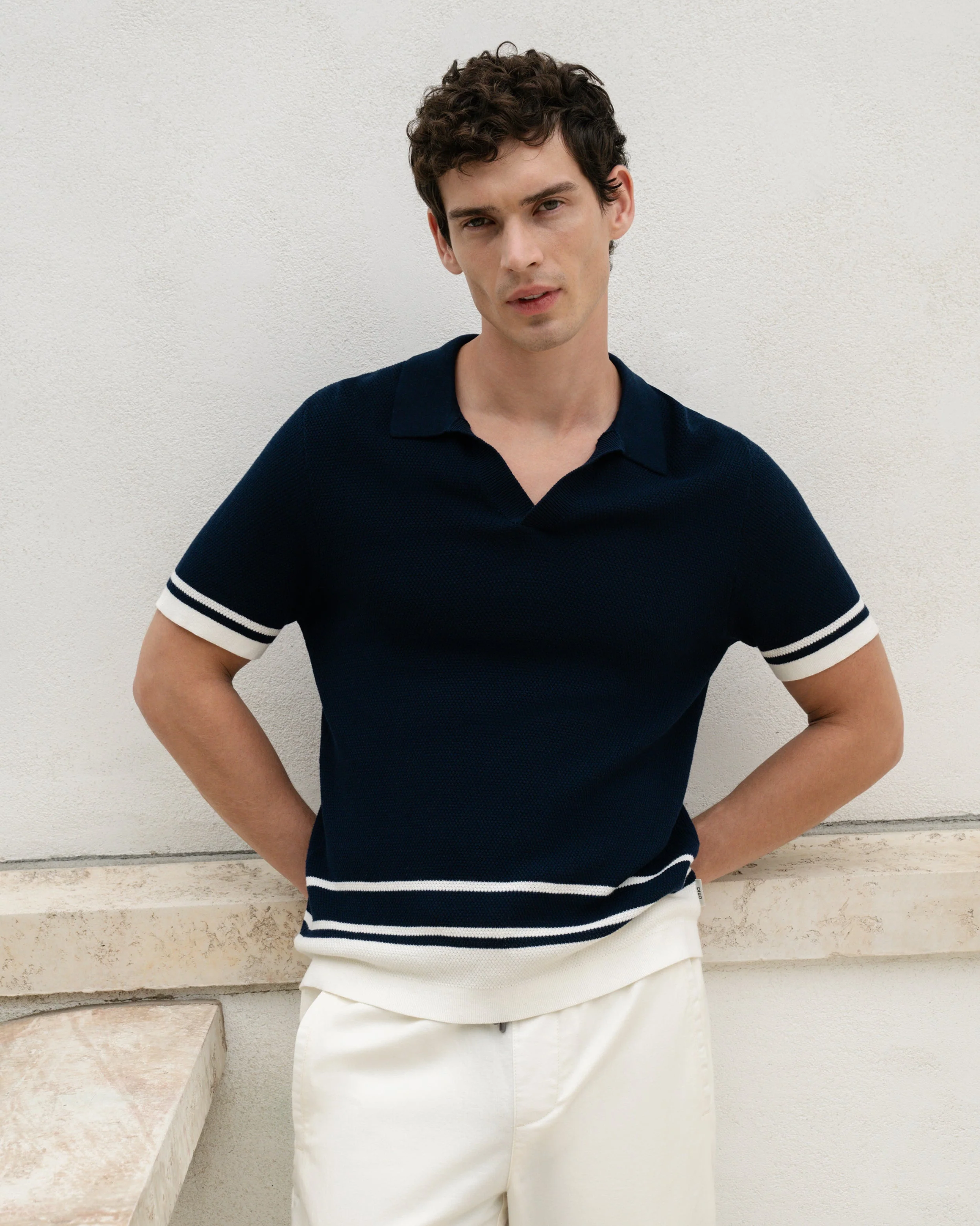 Mens | Cotton Textured Johnny Collar Polo | Midnight/Egret - Image 2