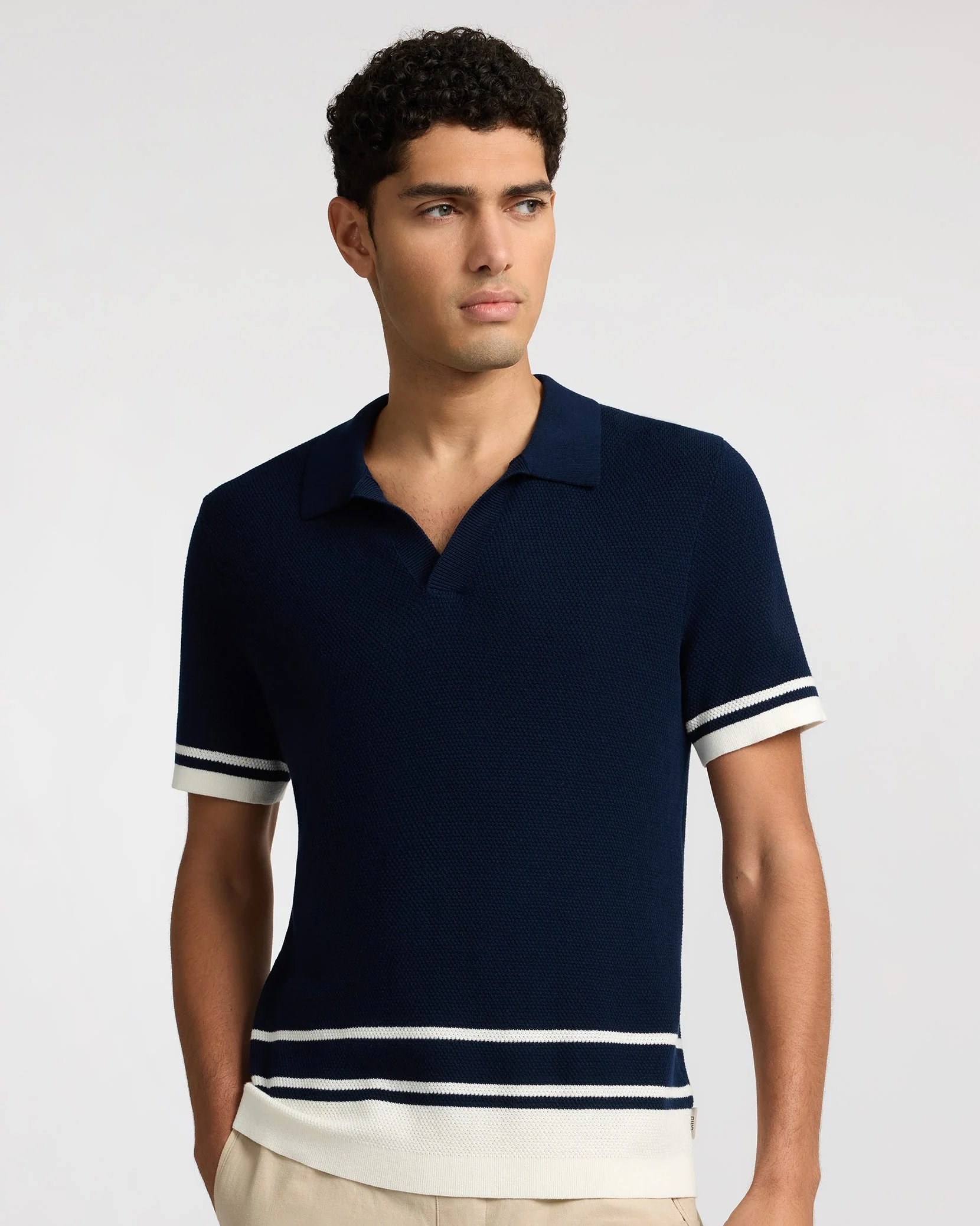 Mens | Cotton Textured Johnny Collar Polo | Midnight/Egret - Image 3