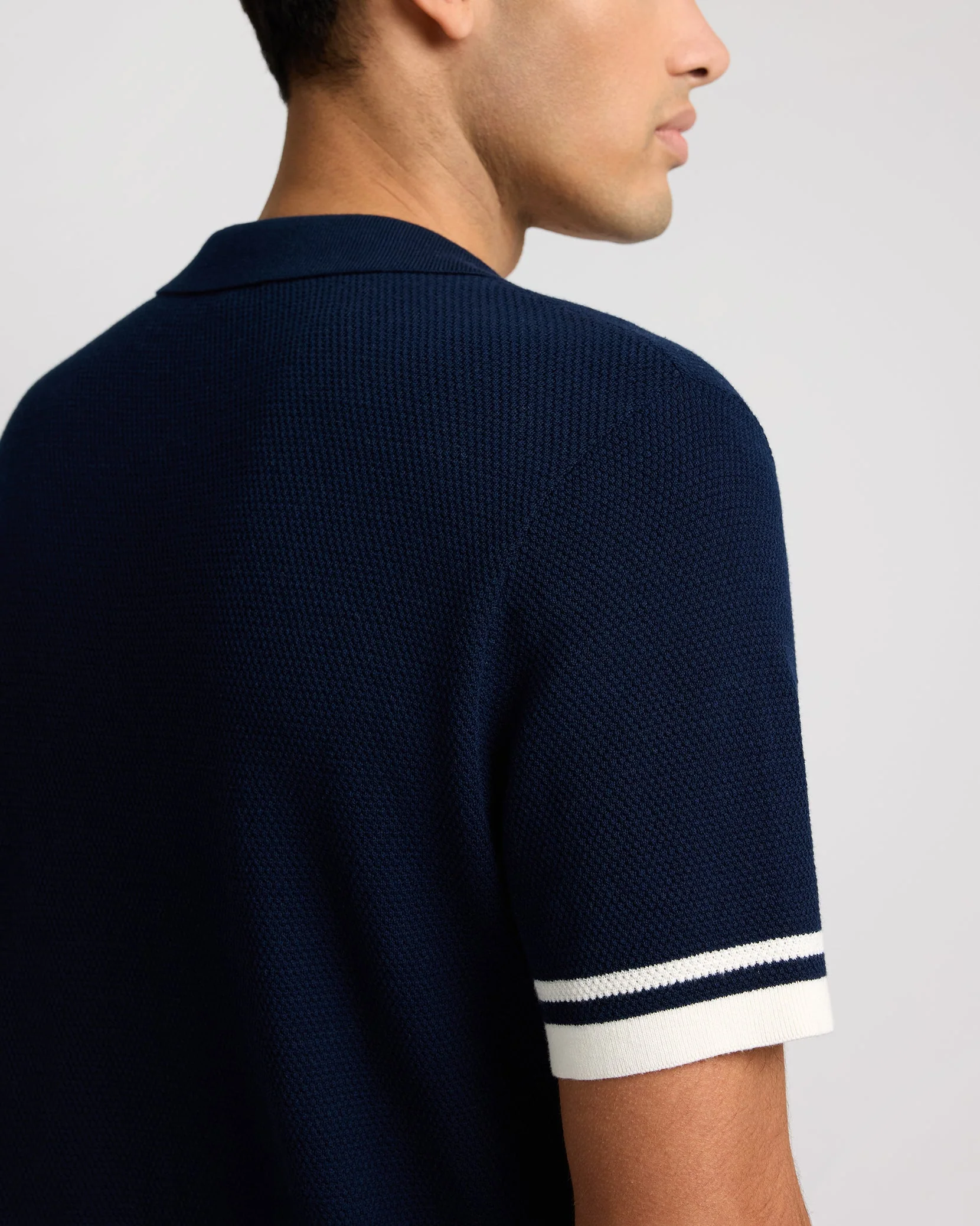 Mens | Cotton Textured Johnny Collar Polo | Midnight/Egret - Image 6