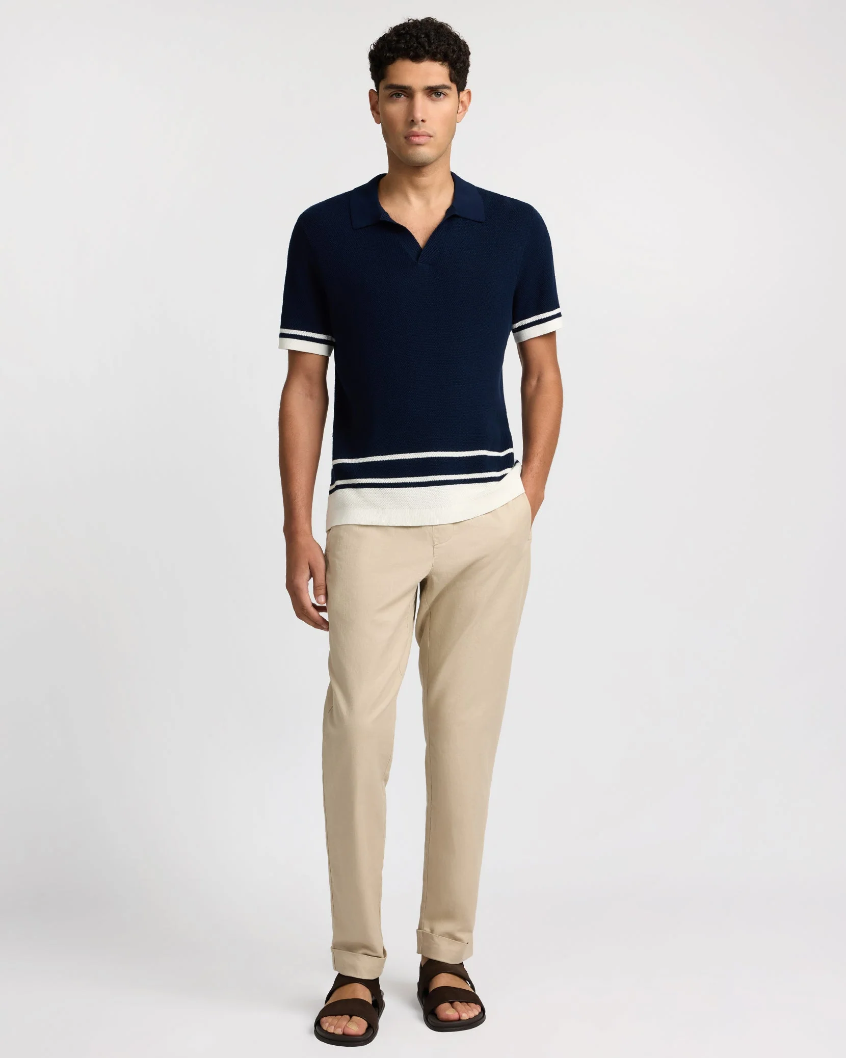 Mens | Cotton Textured Johnny Collar Polo | Midnight/Egret - Image 7