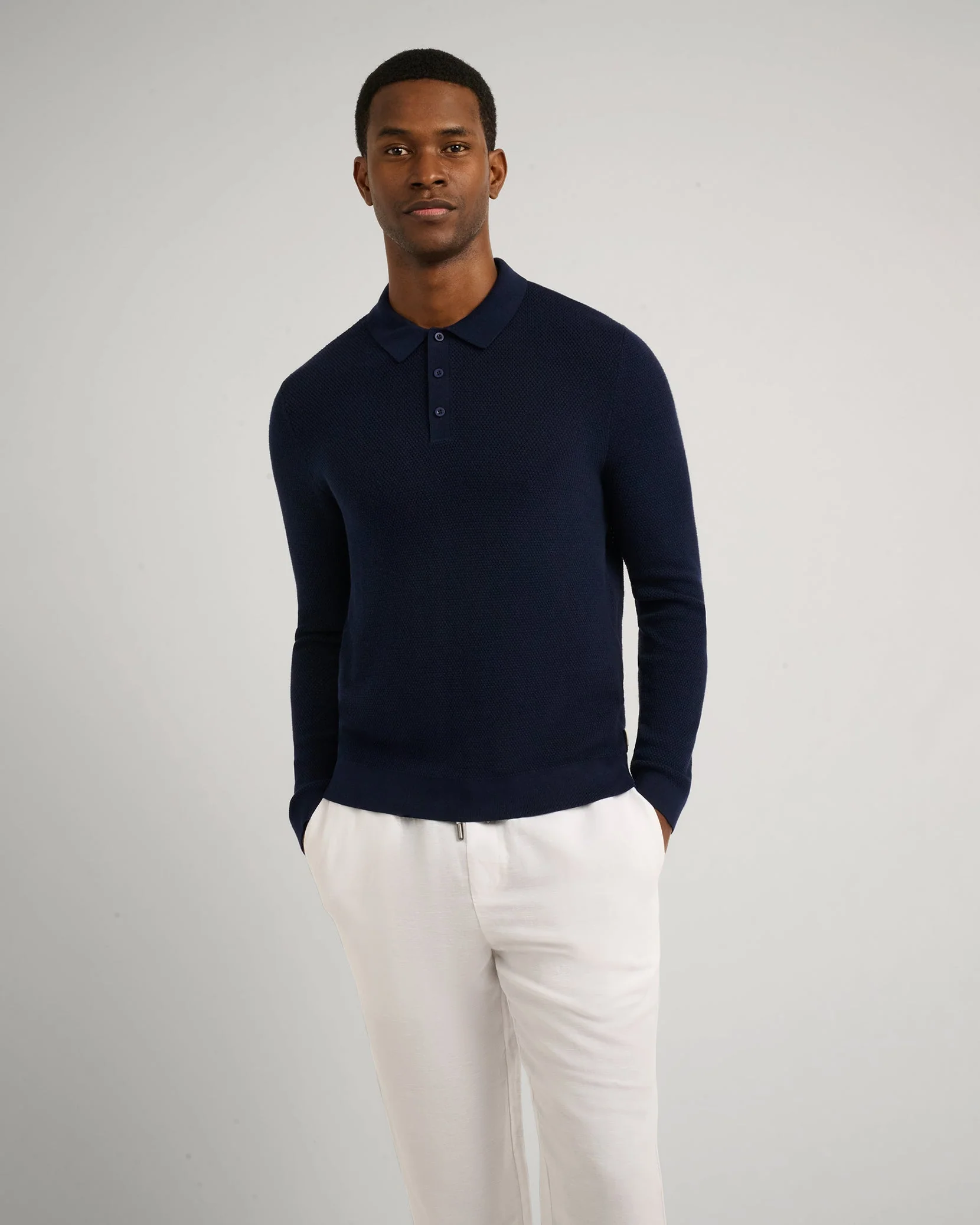 Mens | Cotton Textured Knit Long Sleeve Polo | Deep Navy - Image 2