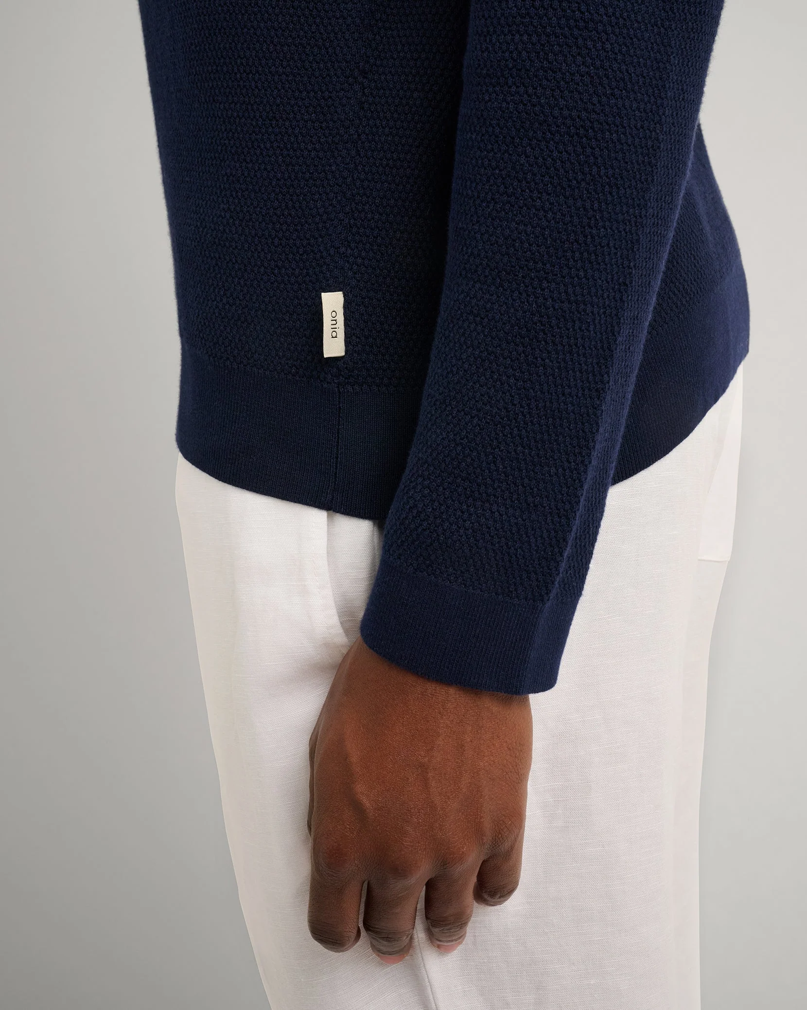 Mens | Cotton Textured Knit Long Sleeve Polo | Deep Navy - Image 3