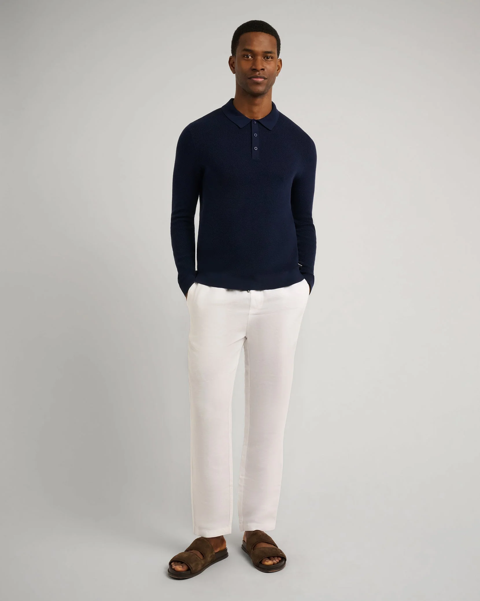 Mens | Cotton Textured Knit Long Sleeve Polo | Deep Navy - Image 4