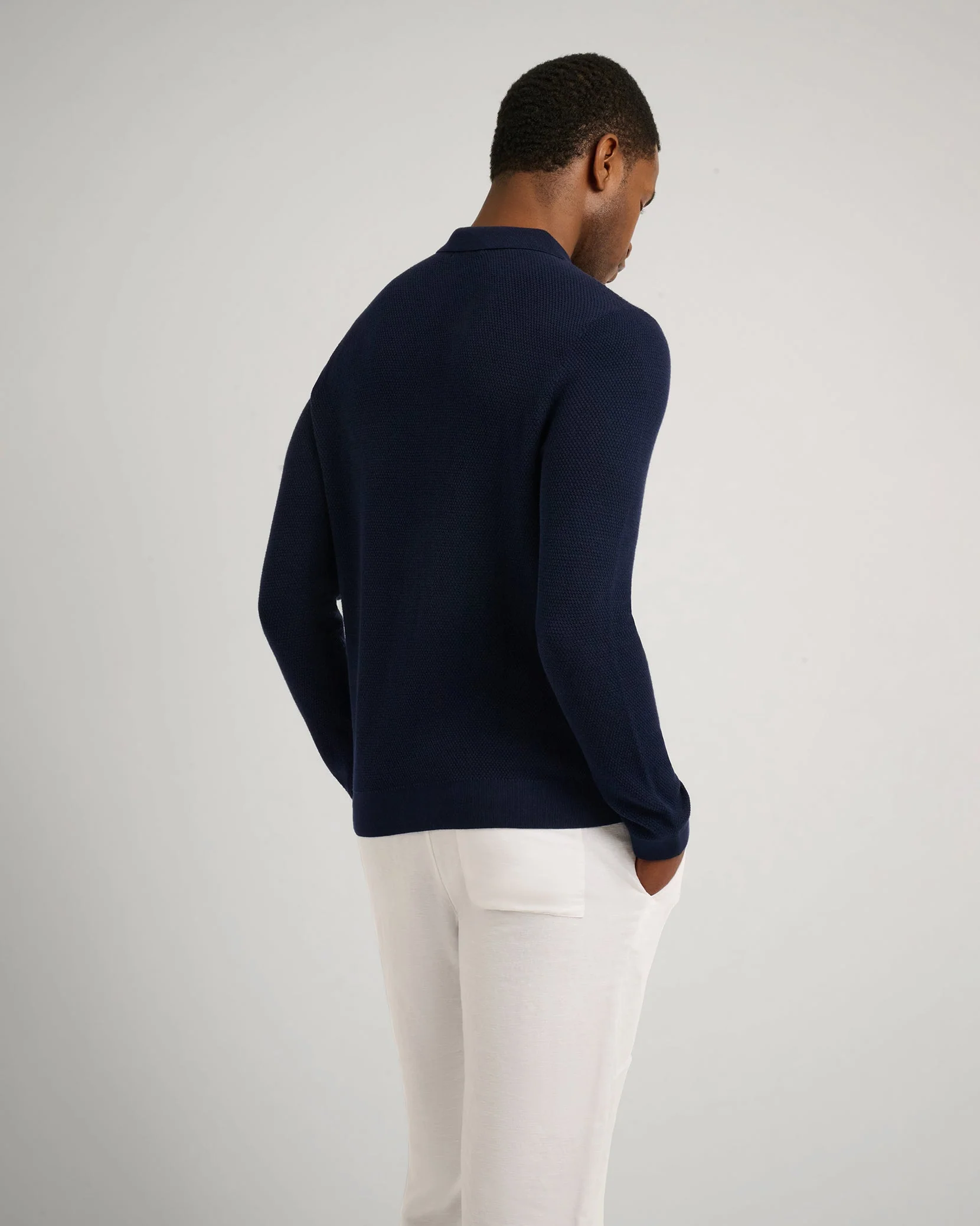Mens | Cotton Textured Knit Long Sleeve Polo | Deep Navy - Image 5