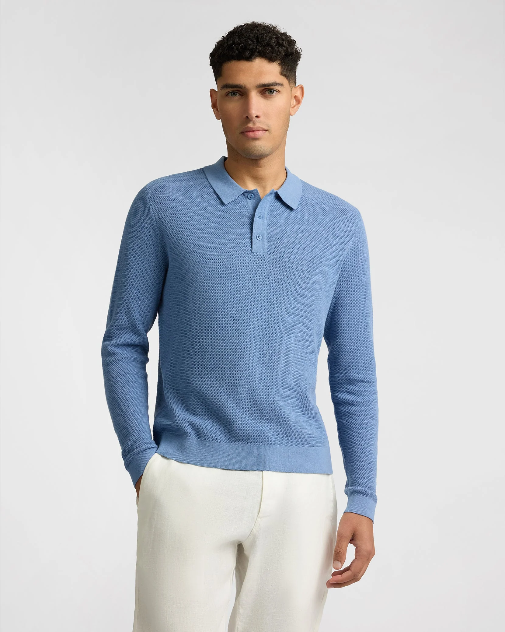Mens | Cotton Textured Knit Long Sleeve Polo Sweatshirt | Indigo - Image 2