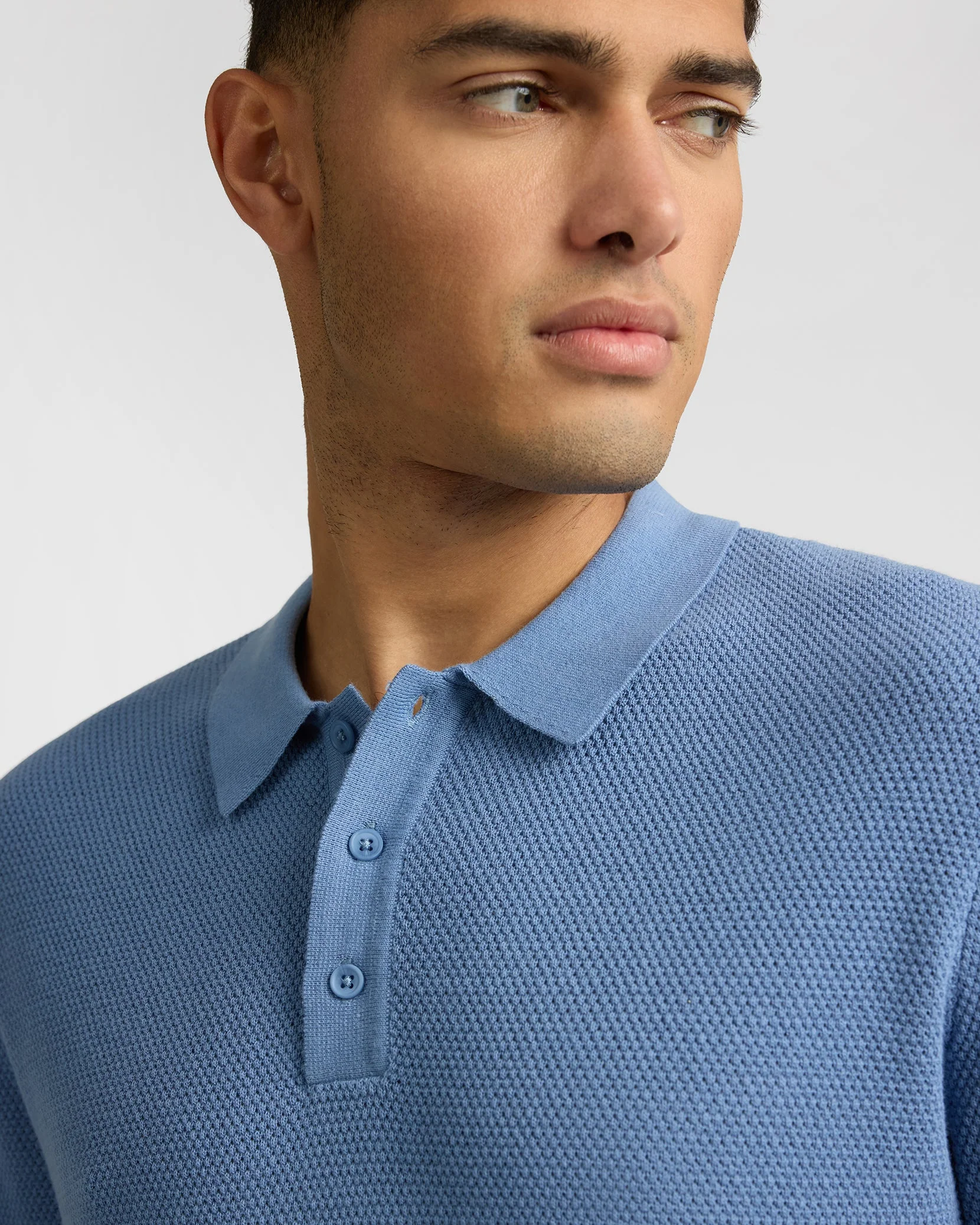 Mens | Cotton Textured Knit Long Sleeve Polo Sweatshirt | Indigo - Image 3