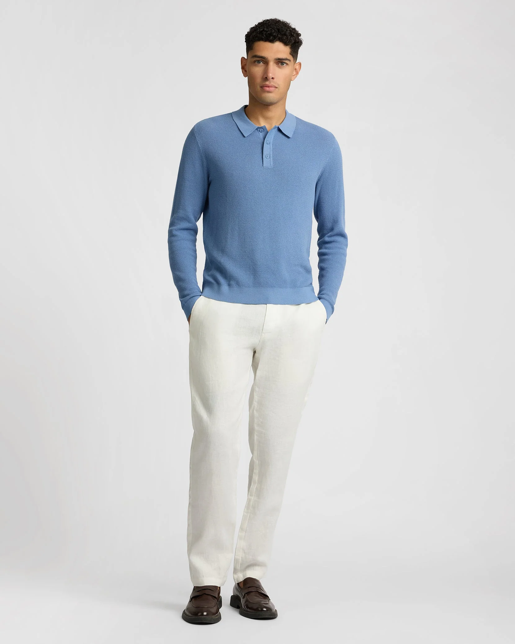 Mens | Cotton Textured Knit Long Sleeve Polo Sweatshirt | Indigo - Image 4