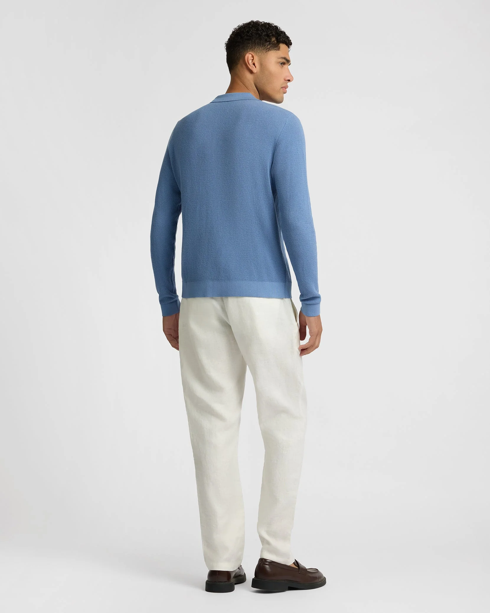 Mens | Cotton Textured Knit Long Sleeve Polo Sweatshirt | Indigo - Image 5