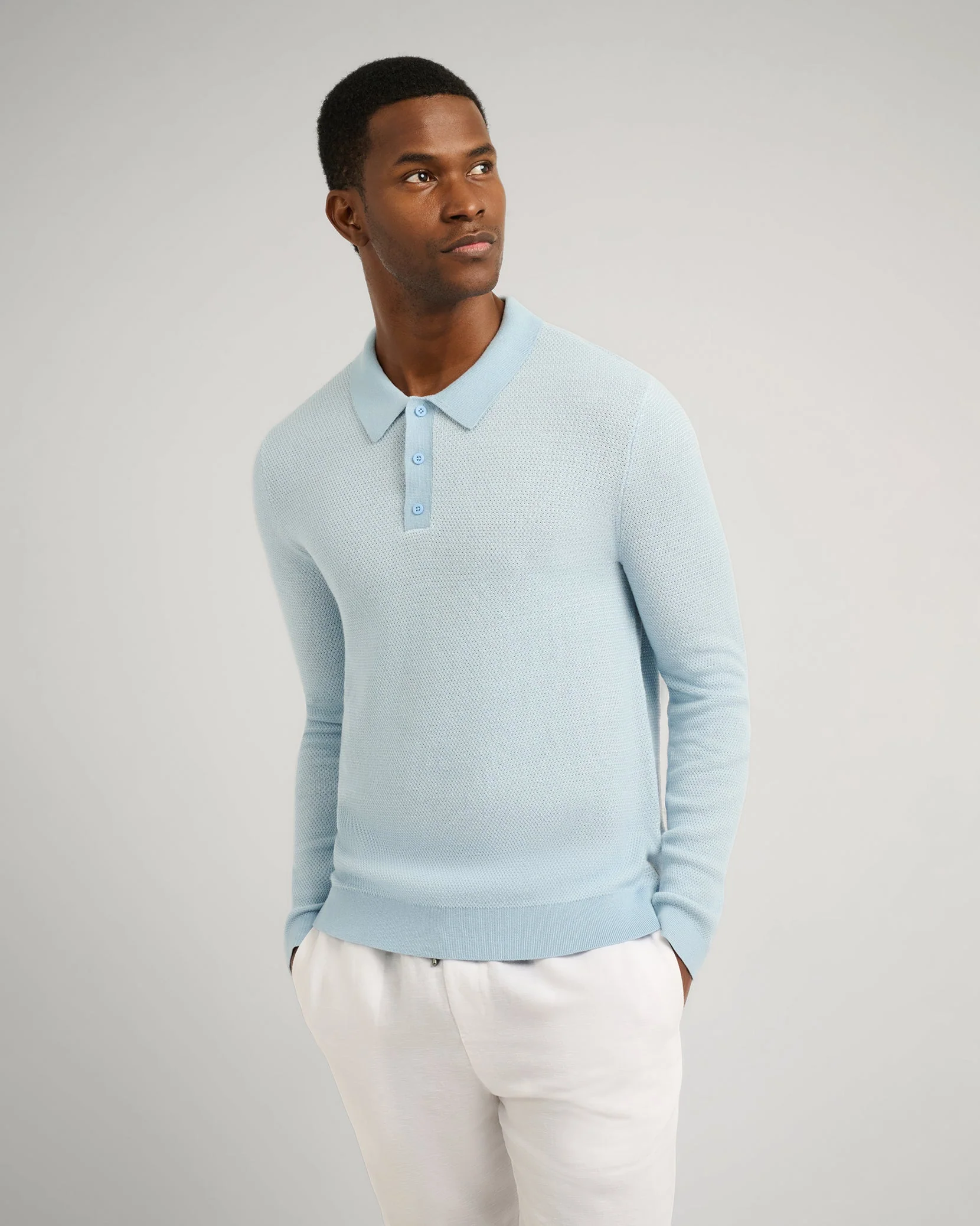 Mens | Cotton Textured Knit Long Sleeve Polo | Pale Blue - Image 2