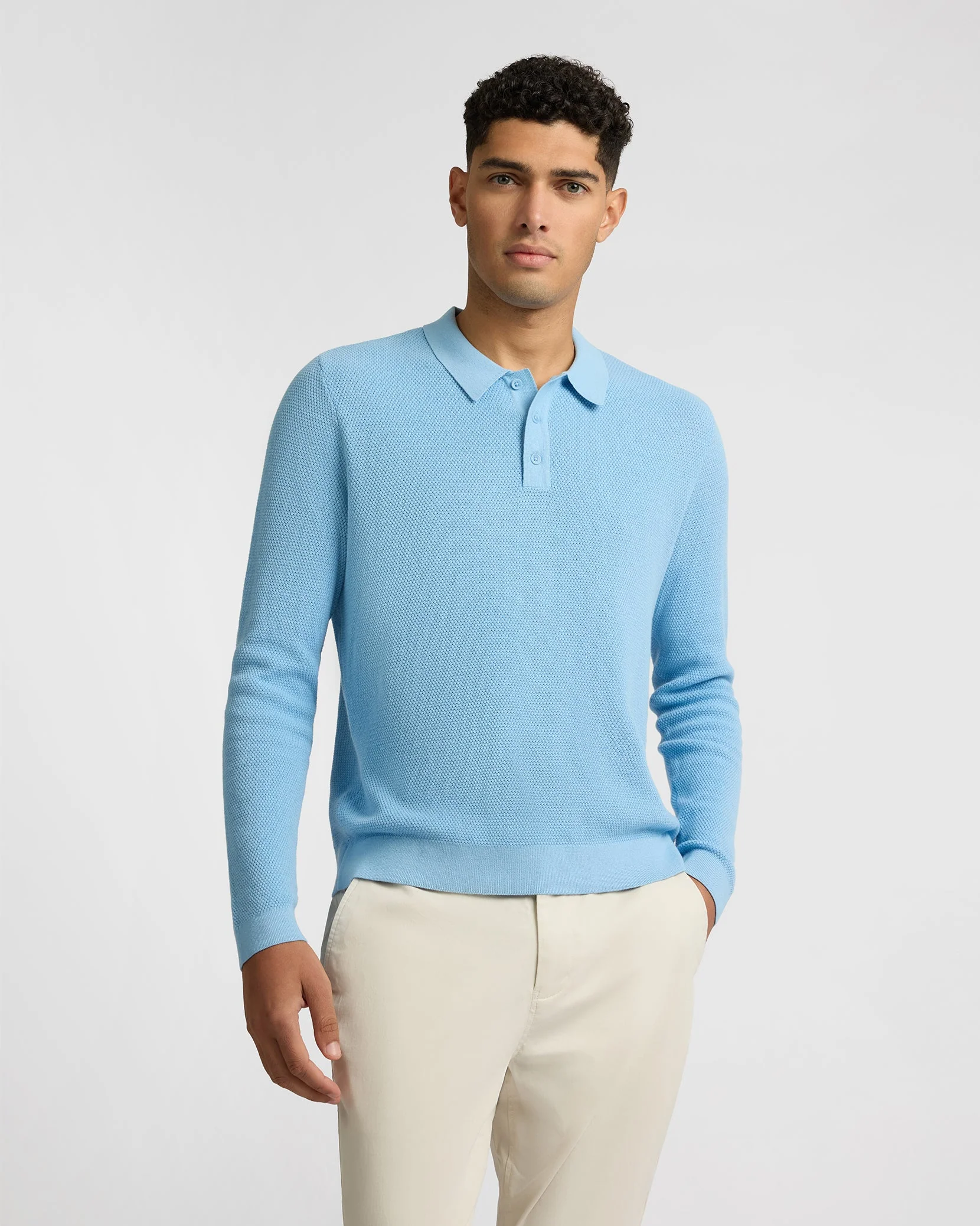 Mens | Cotton Textured Knit Long Sleeve Polo Sweatshirt | Seaport - Image 2