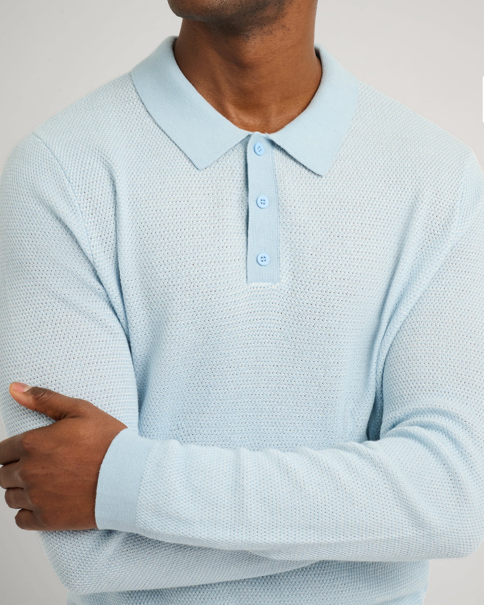 Mens | Cotton Textured Knit Long Sleeve Polo | Pale Blue - Image 3