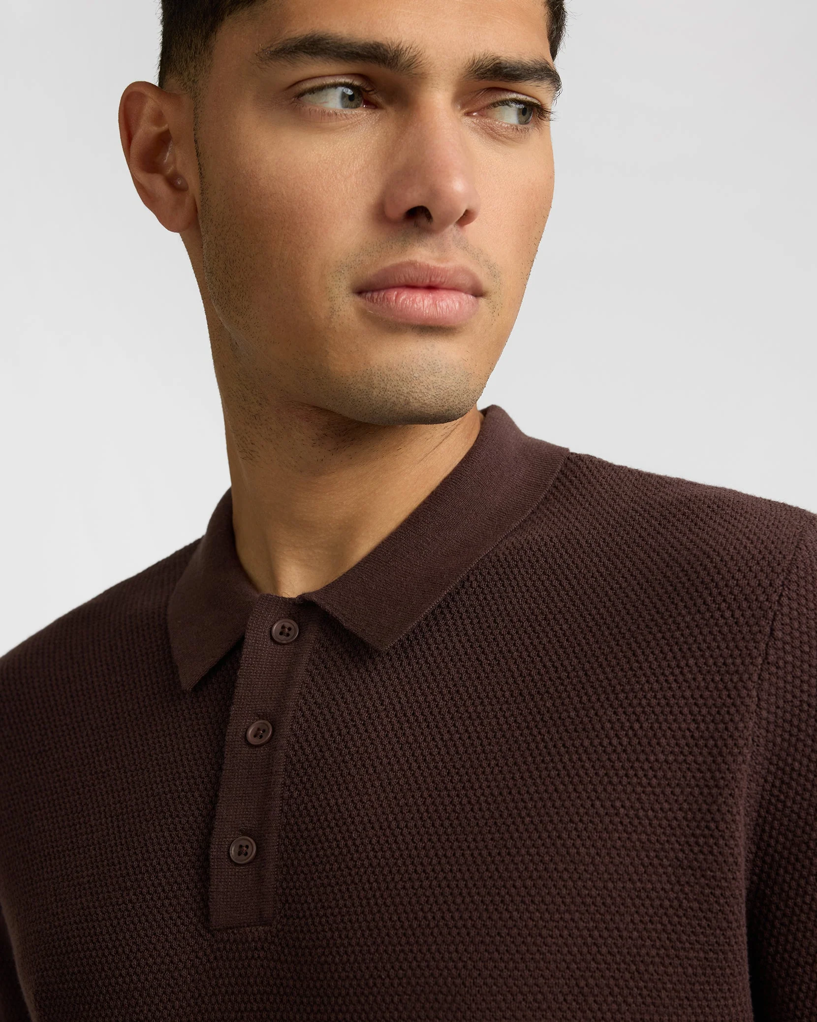 Mens | Cotton Textured Knit Long Sleeve Polo Sweatshirt | Java - Image 3