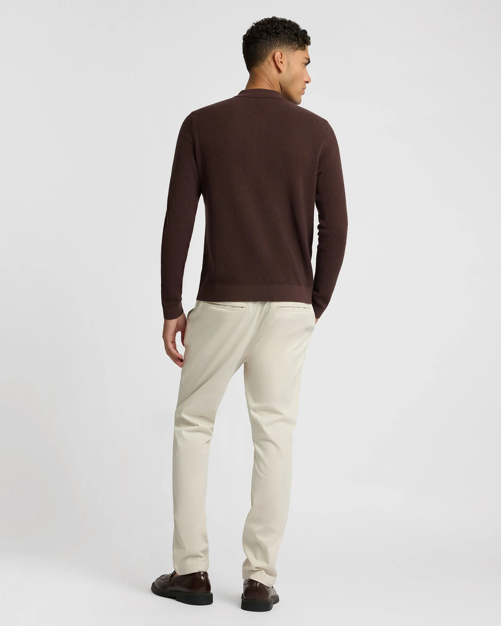 Mens | Cotton Textured Knit Long Sleeve Polo Sweatshirt | Java - Image 5