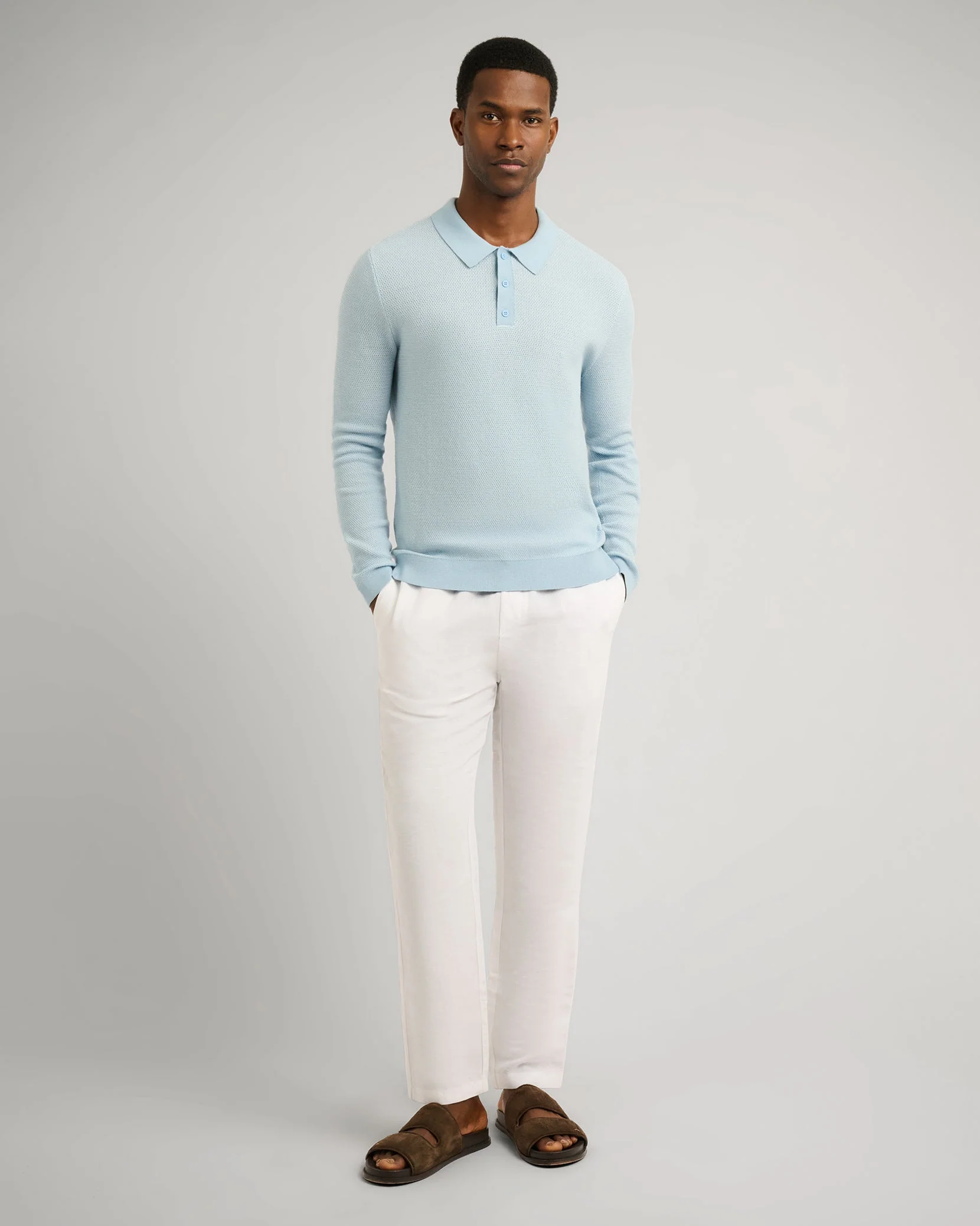 Mens | Cotton Textured Knit Long Sleeve Polo | Pale Blue - Image 4