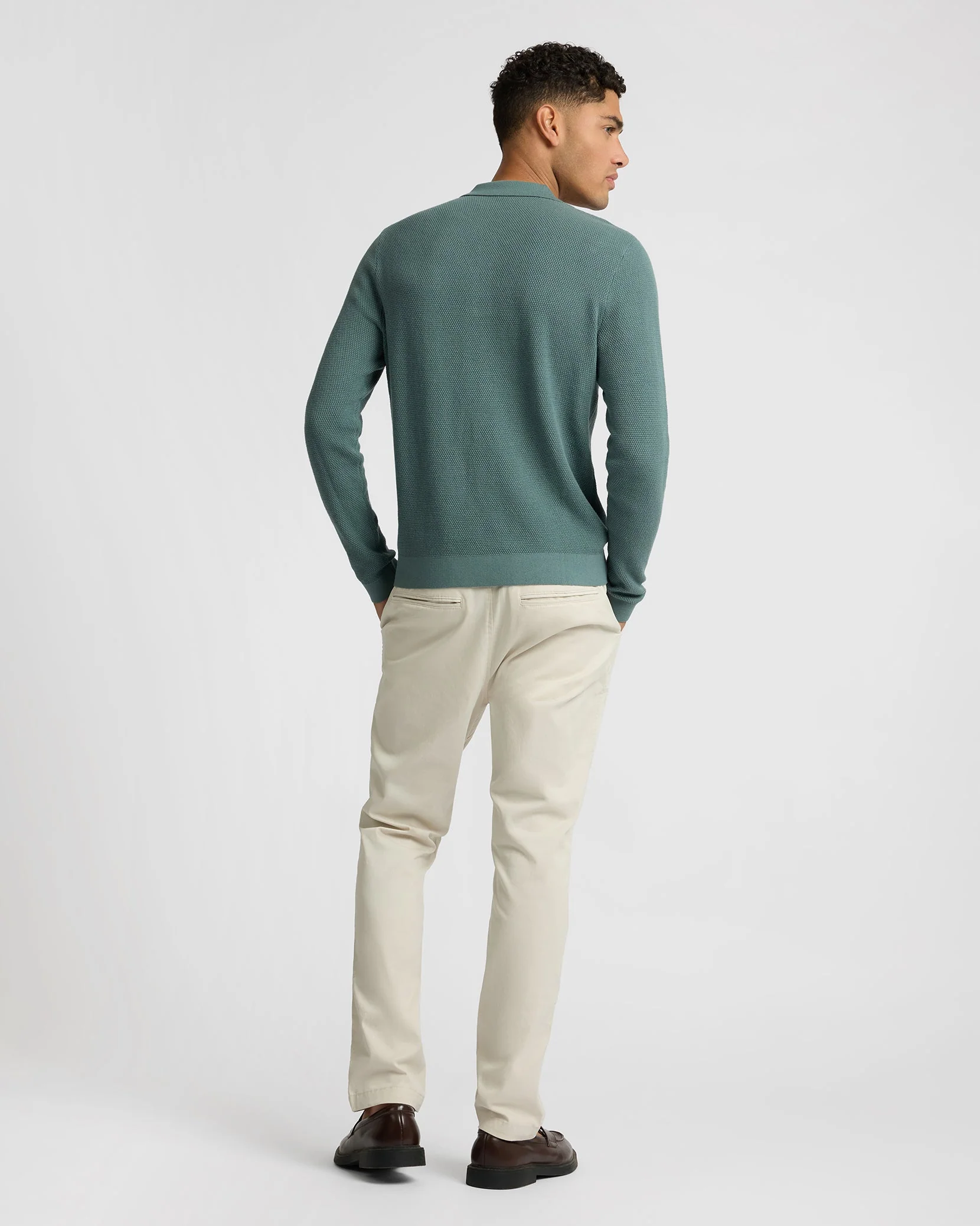 Mens | Cotton Textured Knit Long Sleeve Polo Sweatshirt | Fern - Image 5