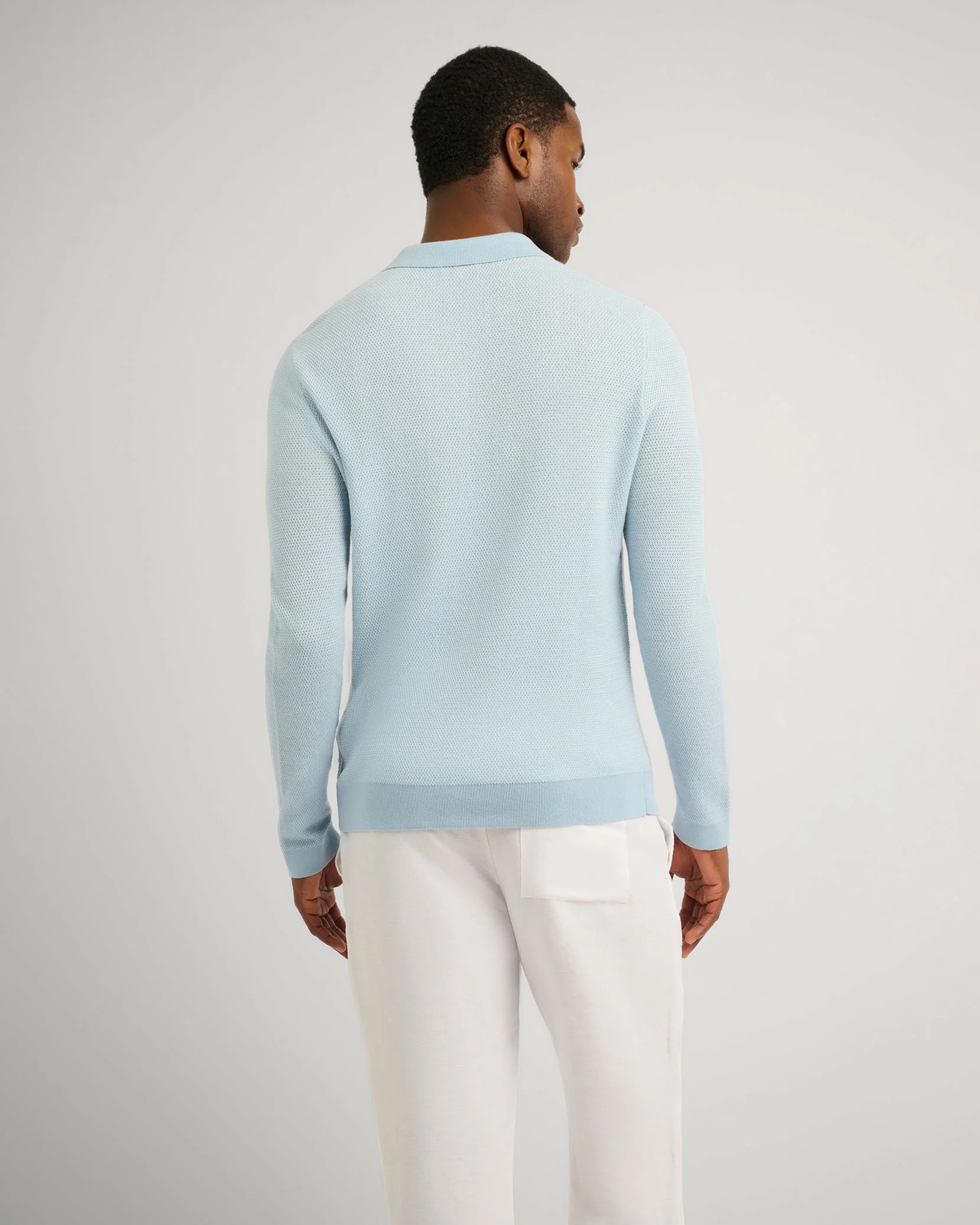 Mens | Cotton Textured Knit Long Sleeve Polo | Pale Blue - Image 5