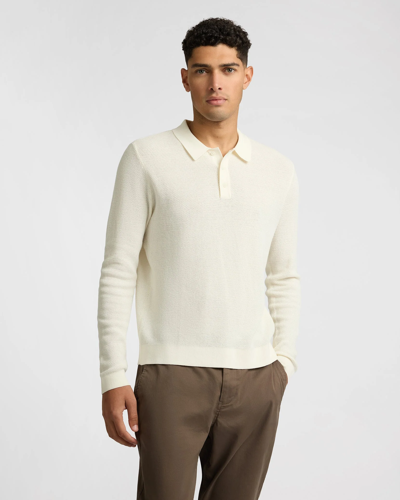 Mens | Cotton Textured Knit Long Sleeve Polo Sweatshirt | Ecru - Image 2