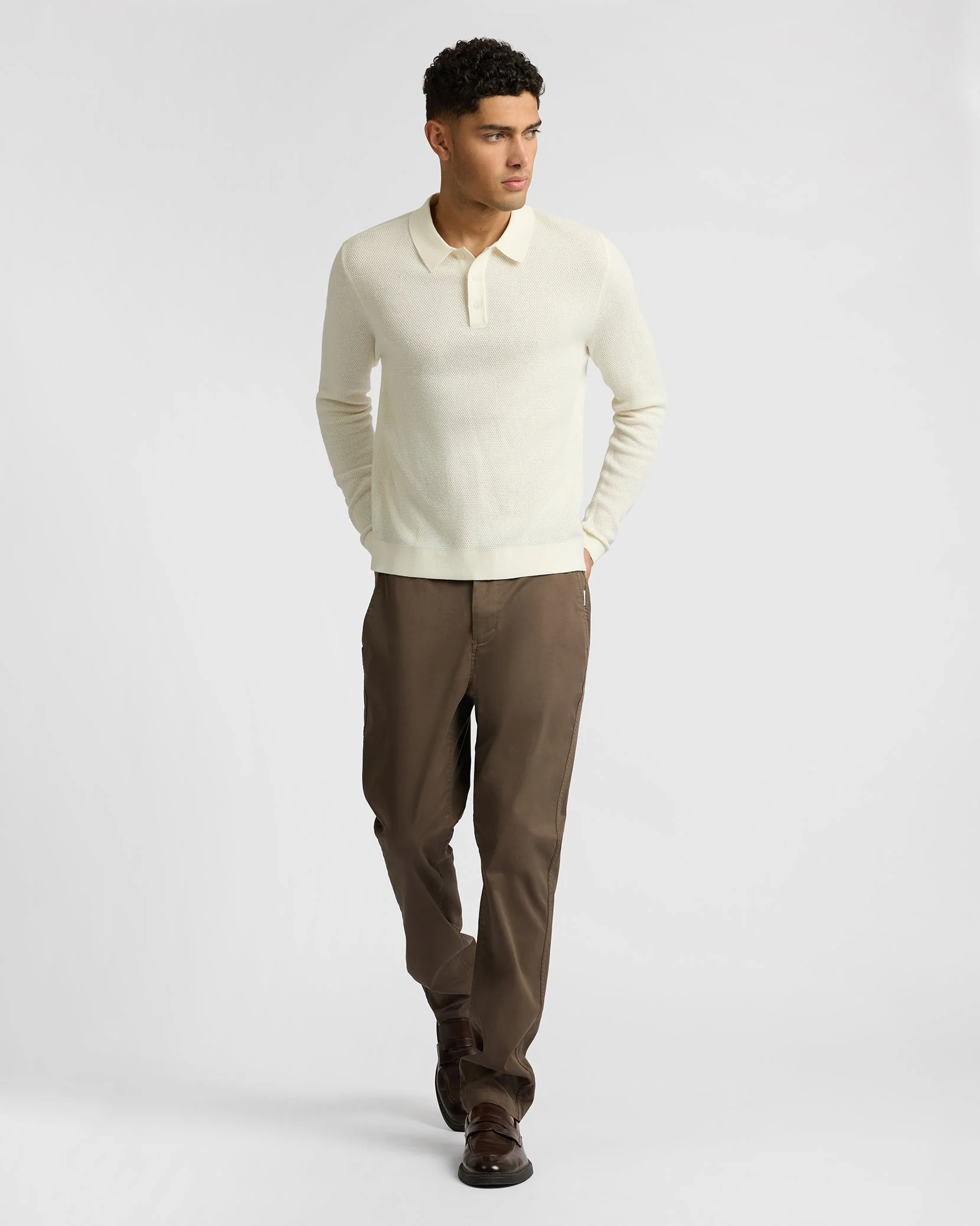 Mens | Cotton Textured Knit Long Sleeve Polo Sweatshirt | Ecru - Image 4