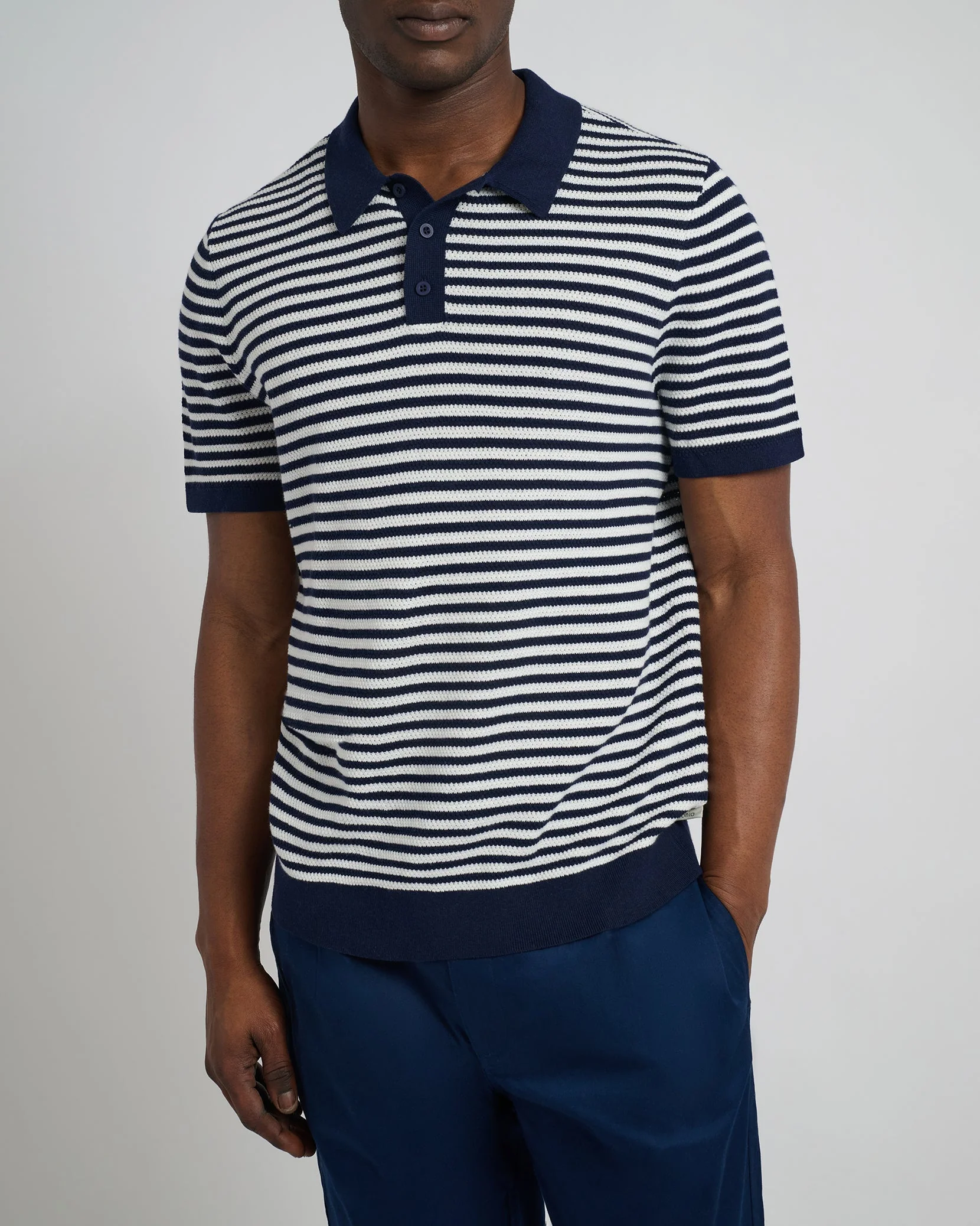 Mens | Cotton Textured Knit Polo | Deep Navy/White - Image 3
