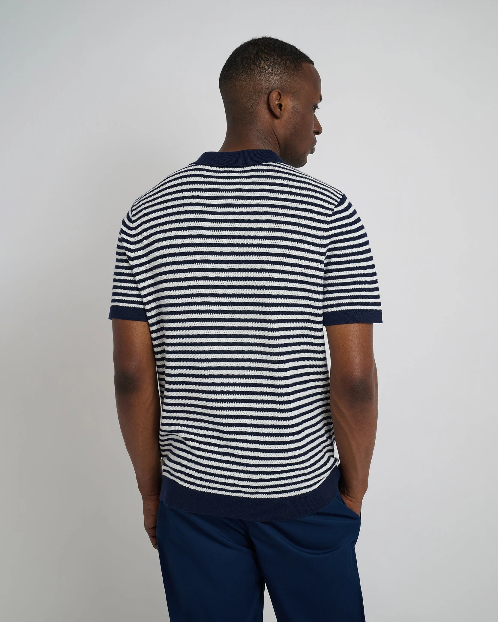 Mens | Cotton Textured Knit Polo | Deep Navy/White - Image 5