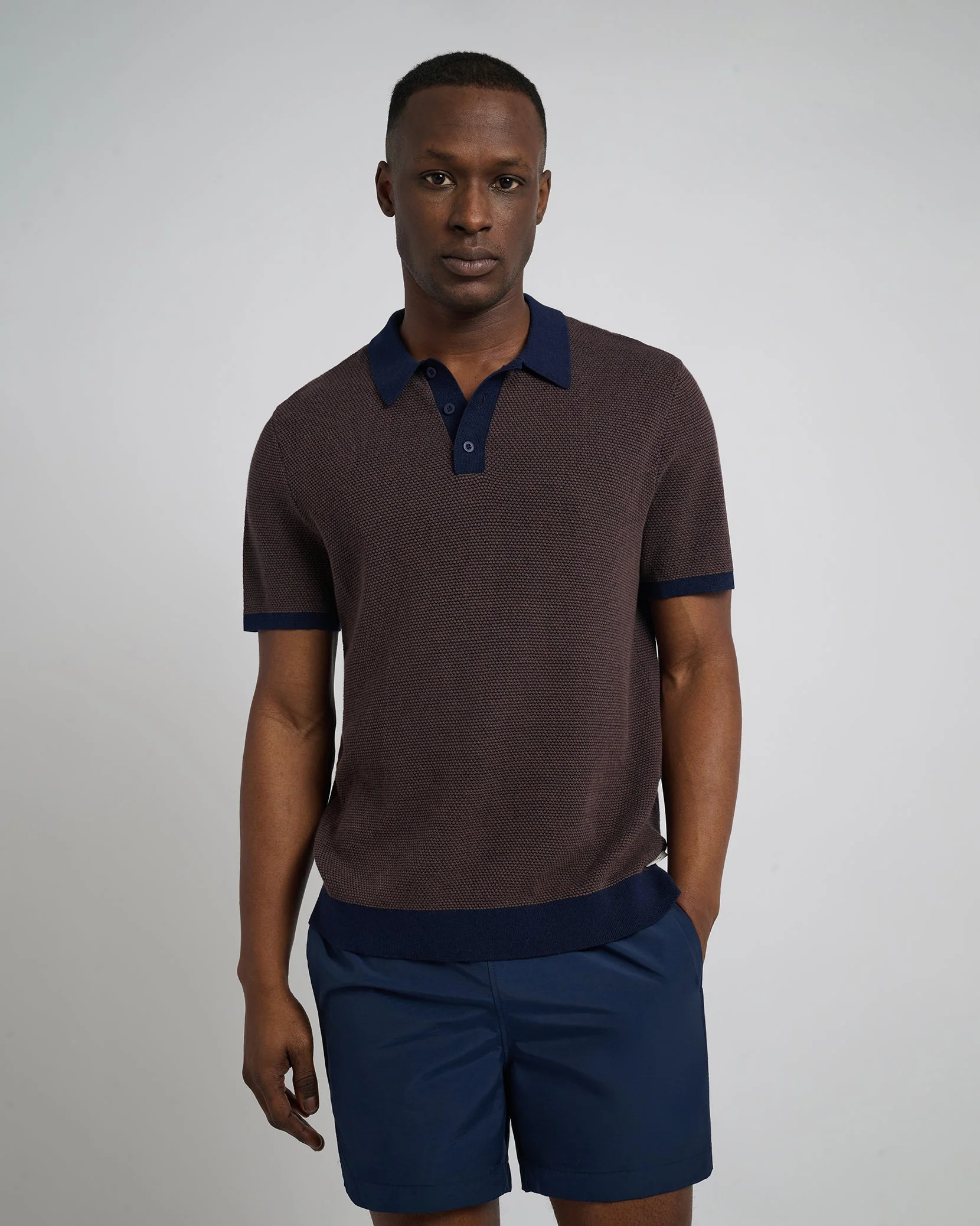 Mens | Cotton Textured Knit Polo | Chesnut/Deep Navy - Image 3