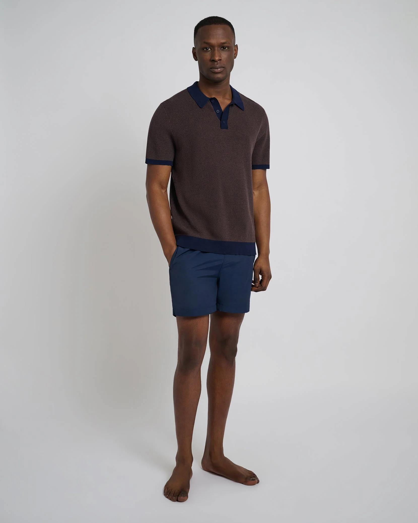 Mens | Cotton Textured Knit Polo | Chesnut/Deep Navy - Image 4