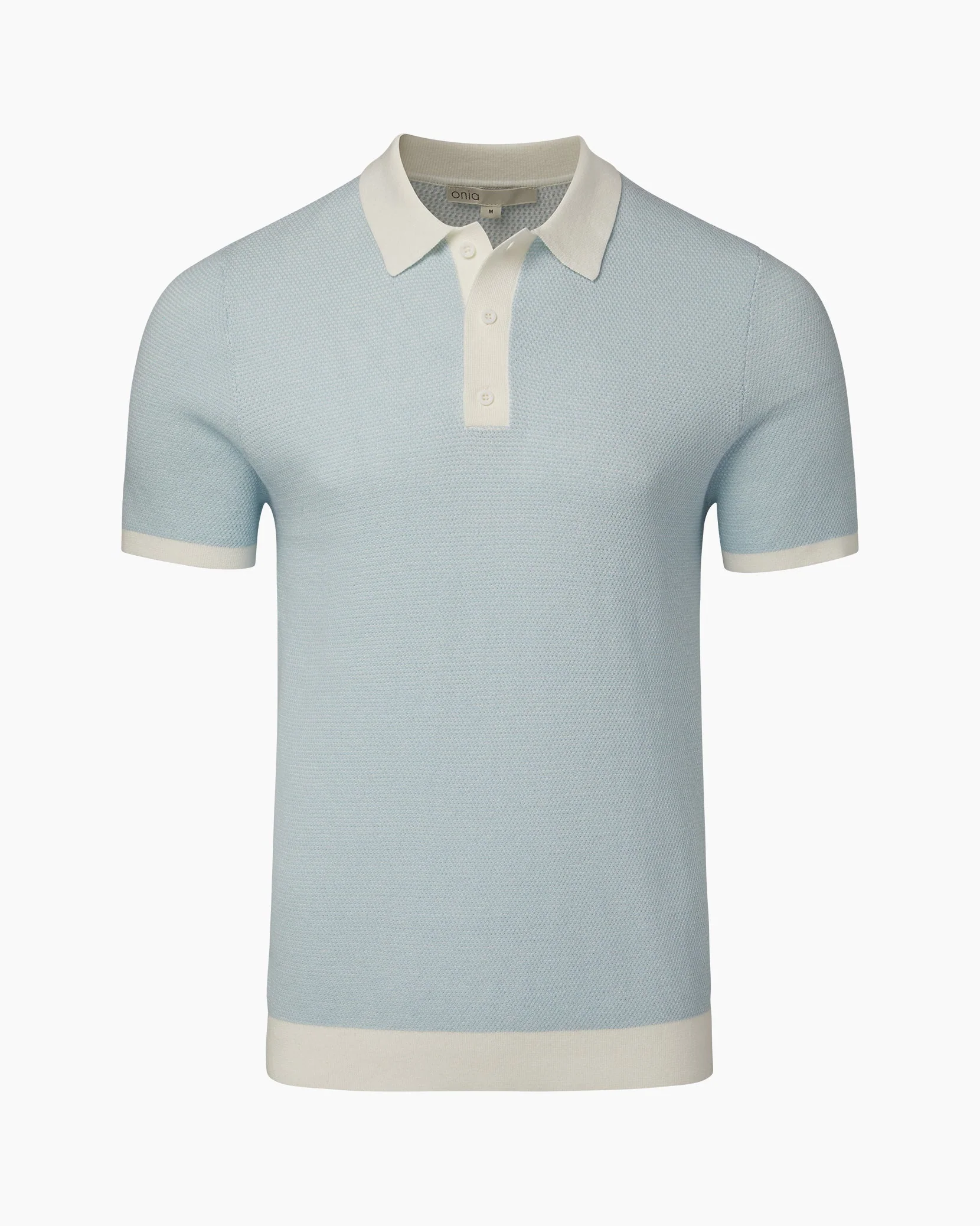 Mens | Cotton Textured Knit Polo | Pale Blue/White - Image 2