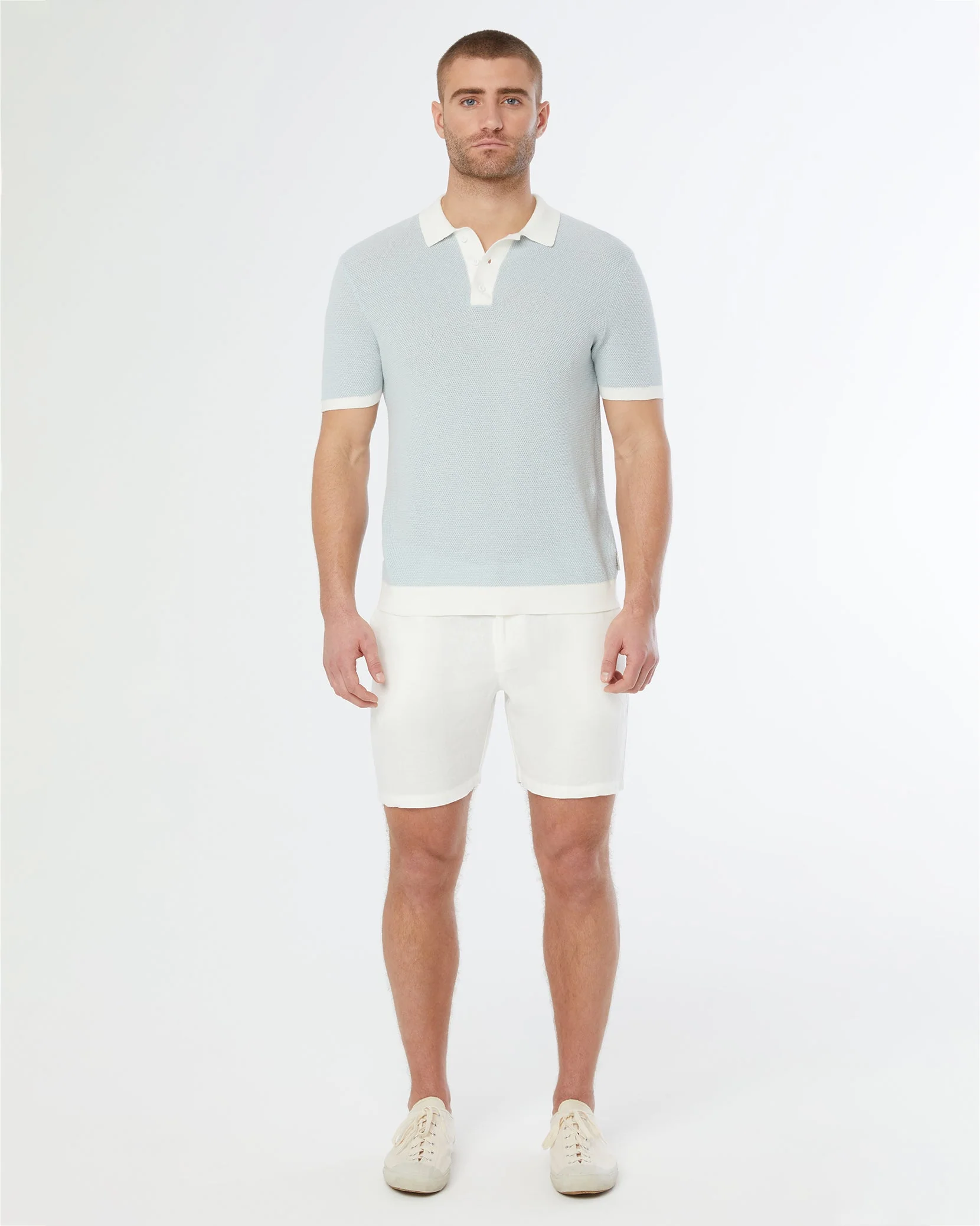 Mens | Cotton Textured Knit Polo | Pale Blue/White - Image 3