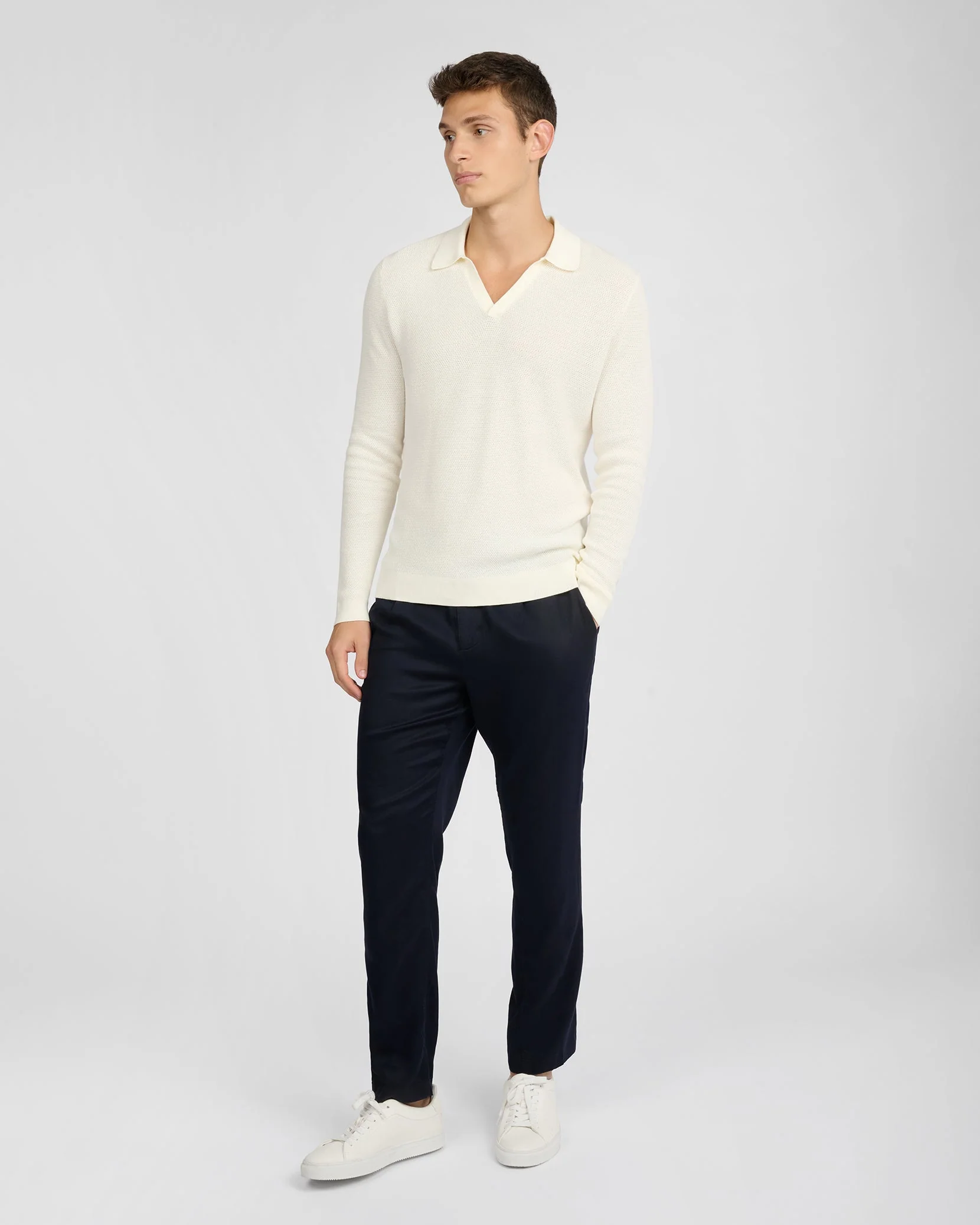 Mens | Cotton Textured Long Sleeve Johnny Polo | Egret - Image 4