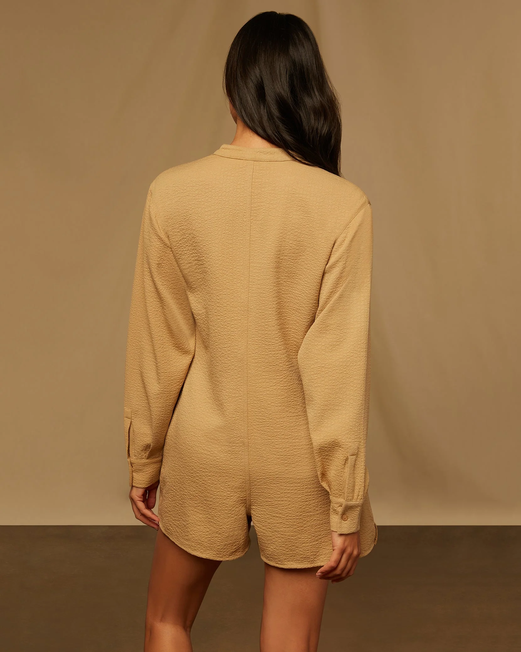 Womens | Crinkle Button Down Romper | Tan - Image 4