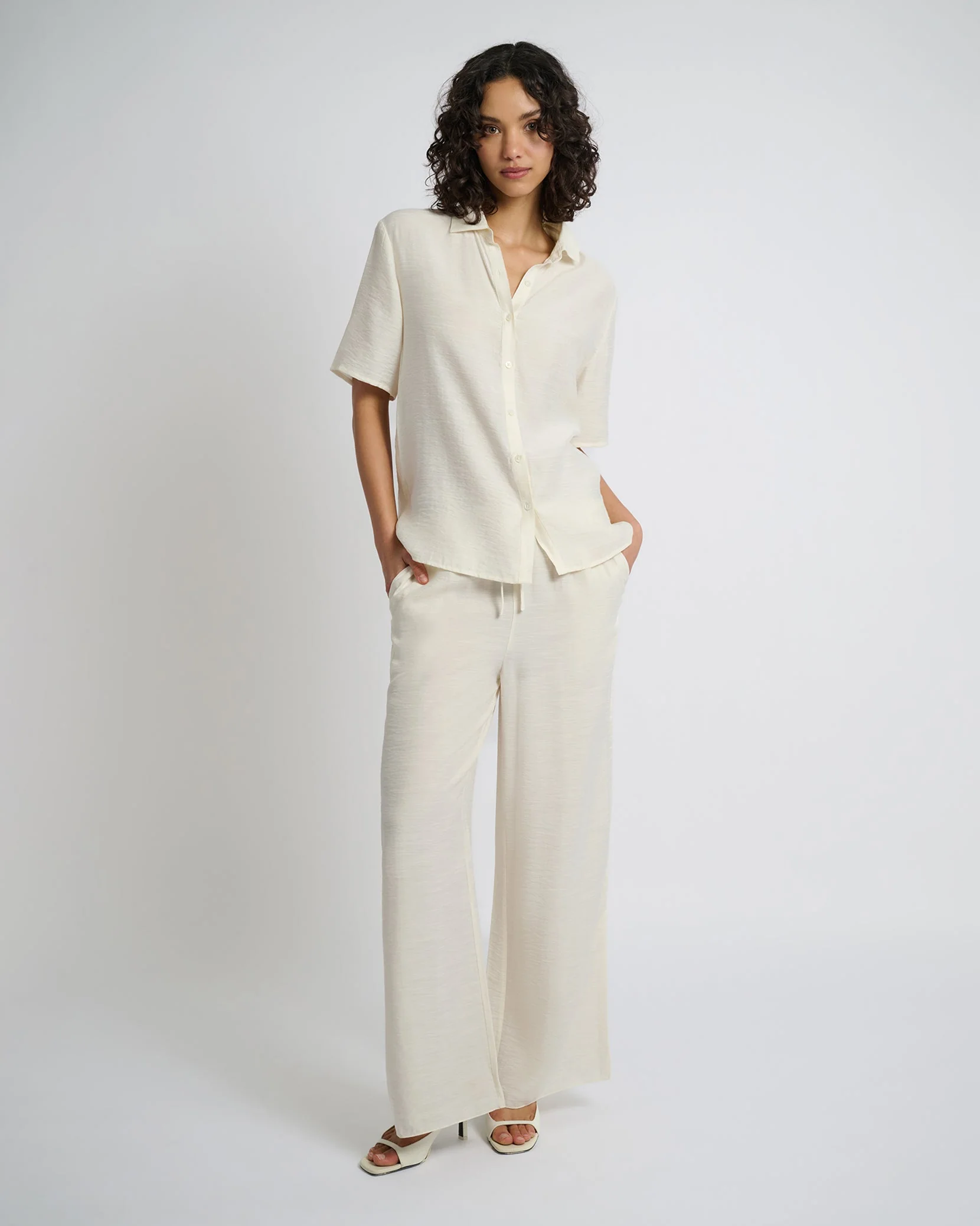 Womens | Crinkle Oversized Short Sleeve Button Up Shirt | Egret - Image 3
