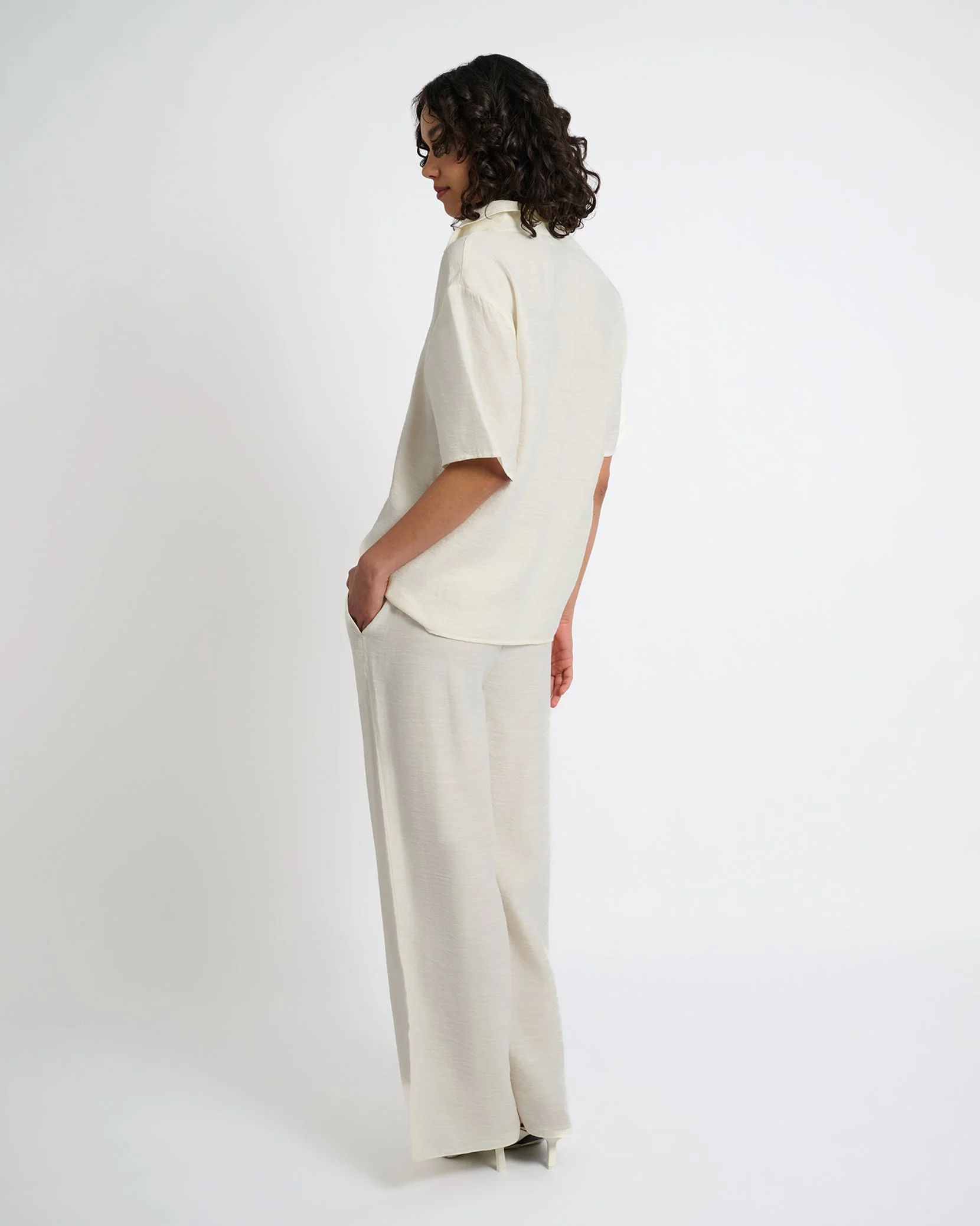 Womens | Crinkle Wide Leg Drawstring Pant | Egret - Image 5