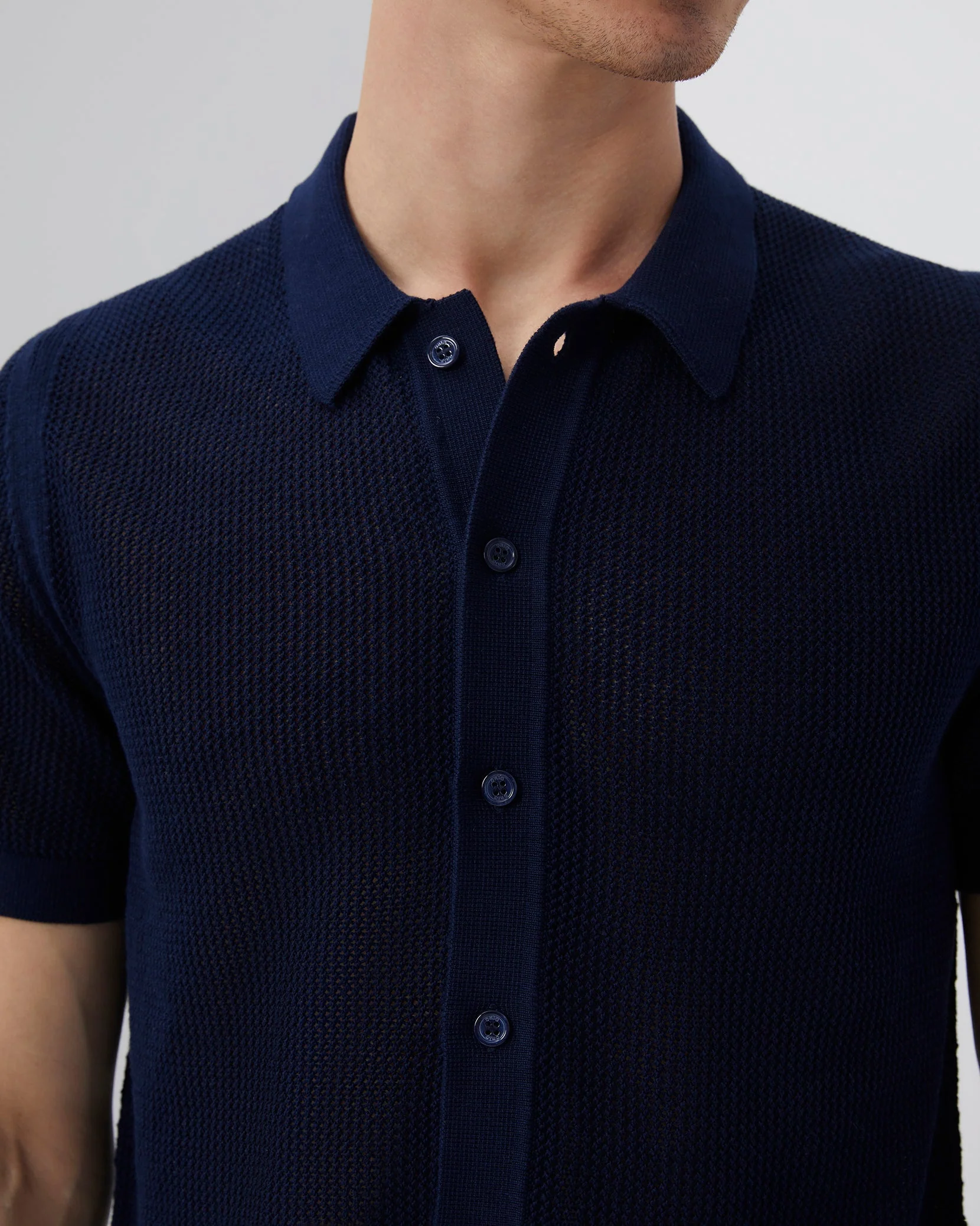 Mens | Crochet Knit Button Up Shirt - I | Deep Navy - Image 4
