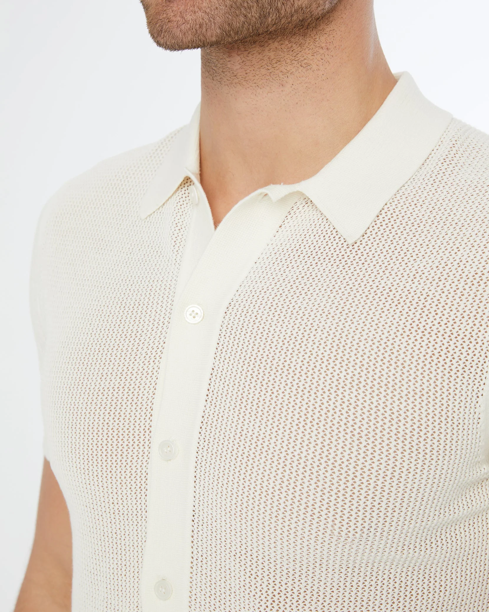 Mens | Crochet Knit Button Up Shirt - I | White - Image 4