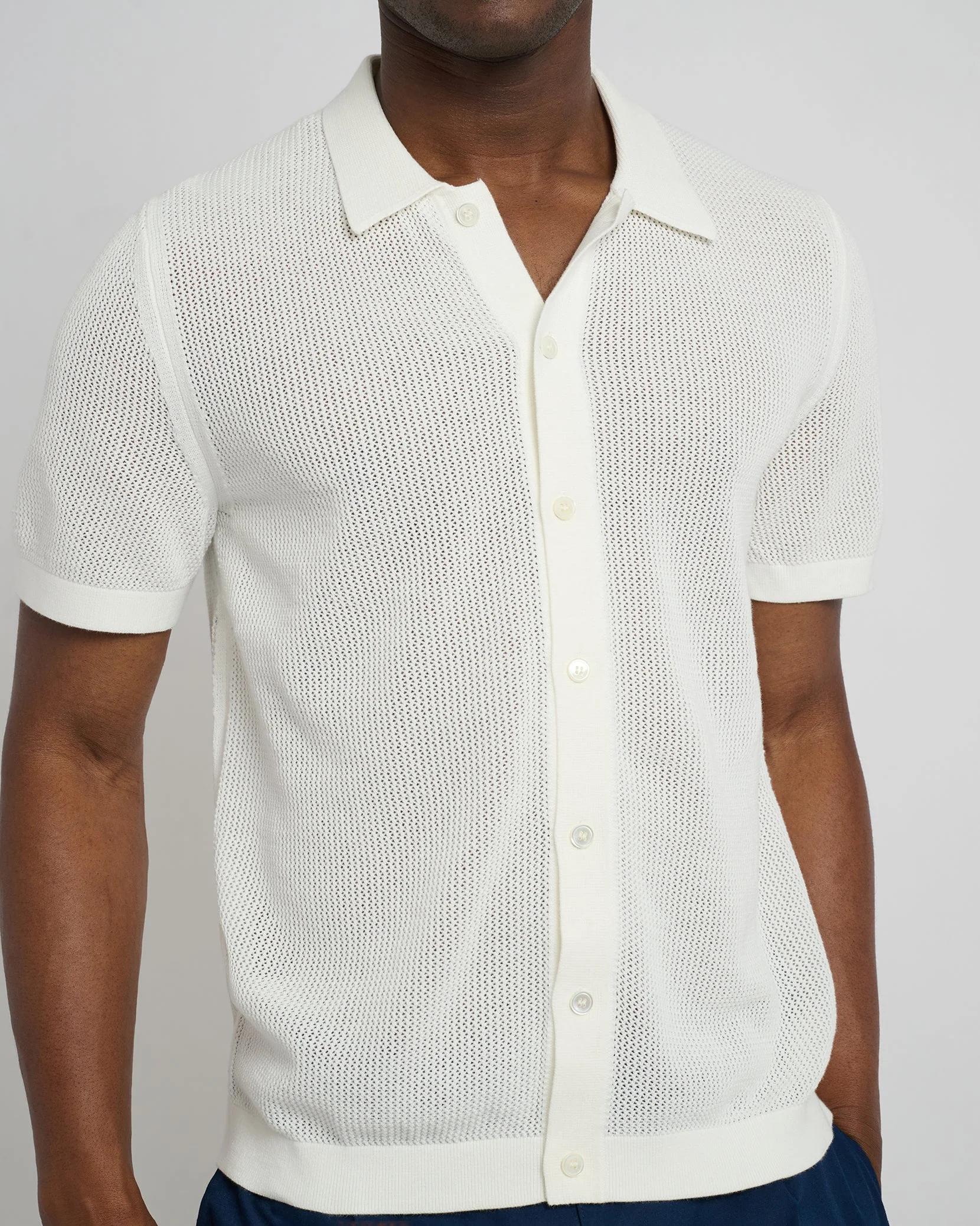 Mens | Crochet Knit Button Up Shirt - II | White - Image 2