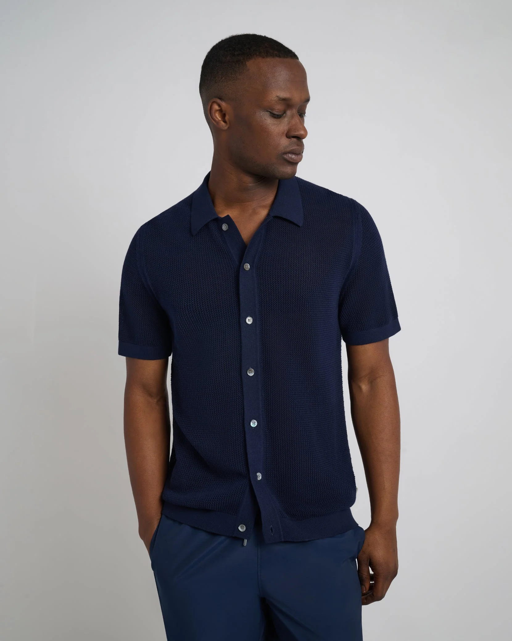 Mens | Crochet Knit Button Up Shirt - II | Deep Navy - Image 3