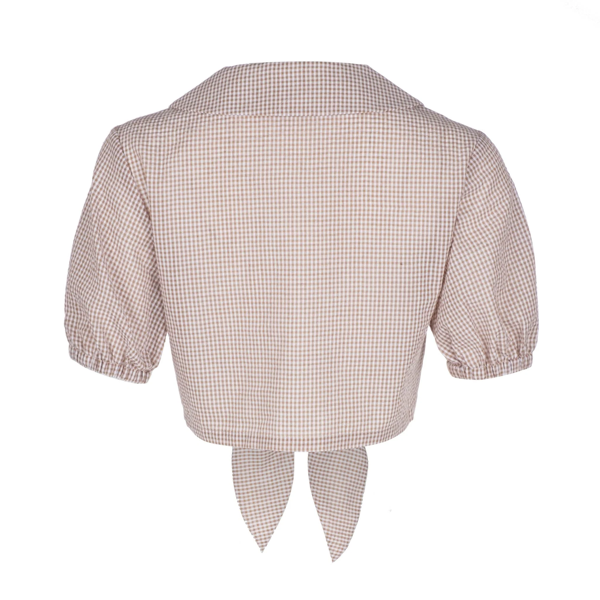 Gingham Cropped Puff Sleeve Top | Brown - Image 5