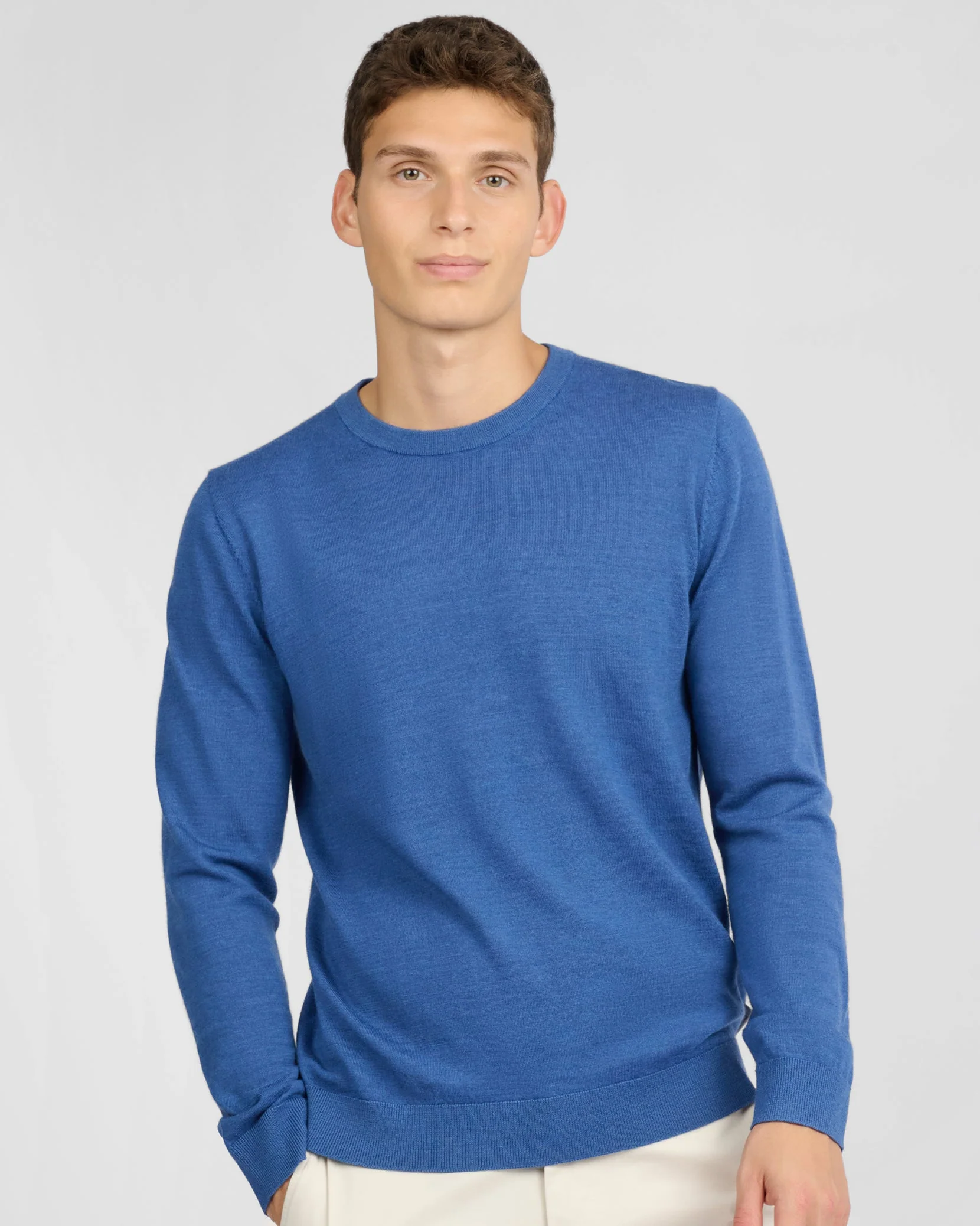 Mens | Extra Fine Merino Wool Crewneck Sweater | Cobalt Blue Melange - Image 2