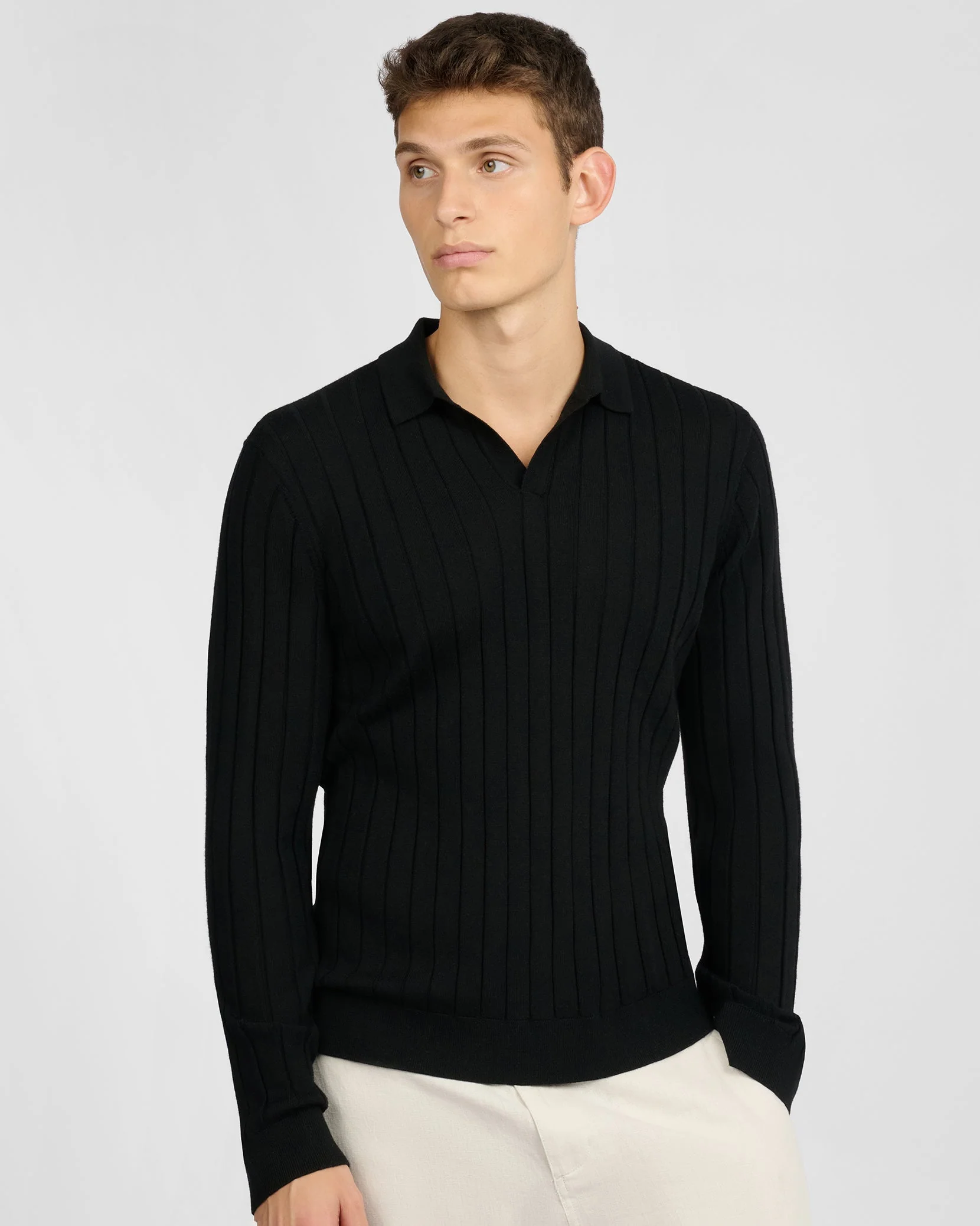 Mens | Extra Fine Merino Wool Long Sleeve Johnny Collar Polo | Black - Image 2